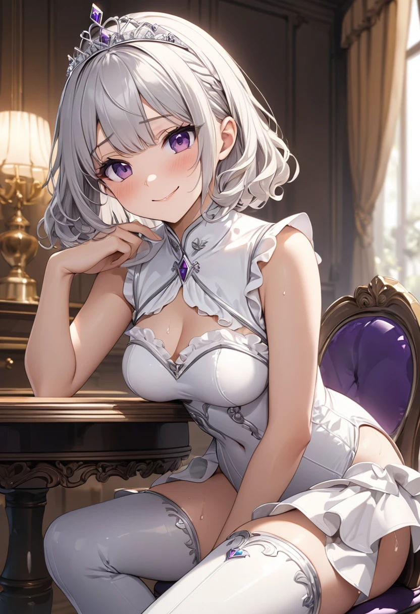 incredibly absurdres,horizontal view angle,focus on face,on the bed,lace veil,(knees up:1.9,from above,on back,(see through),(Dynamic Composition: 0.3), bare feet,Rich in Detail and Color,(Solo: 1.2),(Best quality),(4k), (highly grand details CG painting),(((the Greatest masterpiece,))),(reality:0.4) (ultra detailed),(intricately details),(Natural,cute face),(cinematic lighting),(blooming,synthetic wave),((solo,1 girl,))Long eyelashes,watery eyes,reflected eyes,eyes shadow,light purple eyes,((one purple bow tie)), (white off-the-shoulder shirt: 1.4),beautiful hair,short hair, (white dress), white haired deity,[[delicate fingers and hands:0.55]::0.85],(detail fingers),((elegant and conservative cloth)),seductive smile,(top quality,official art, beautiful and aesthetic:1.2), (radiosity,automatic white balance),blushing,