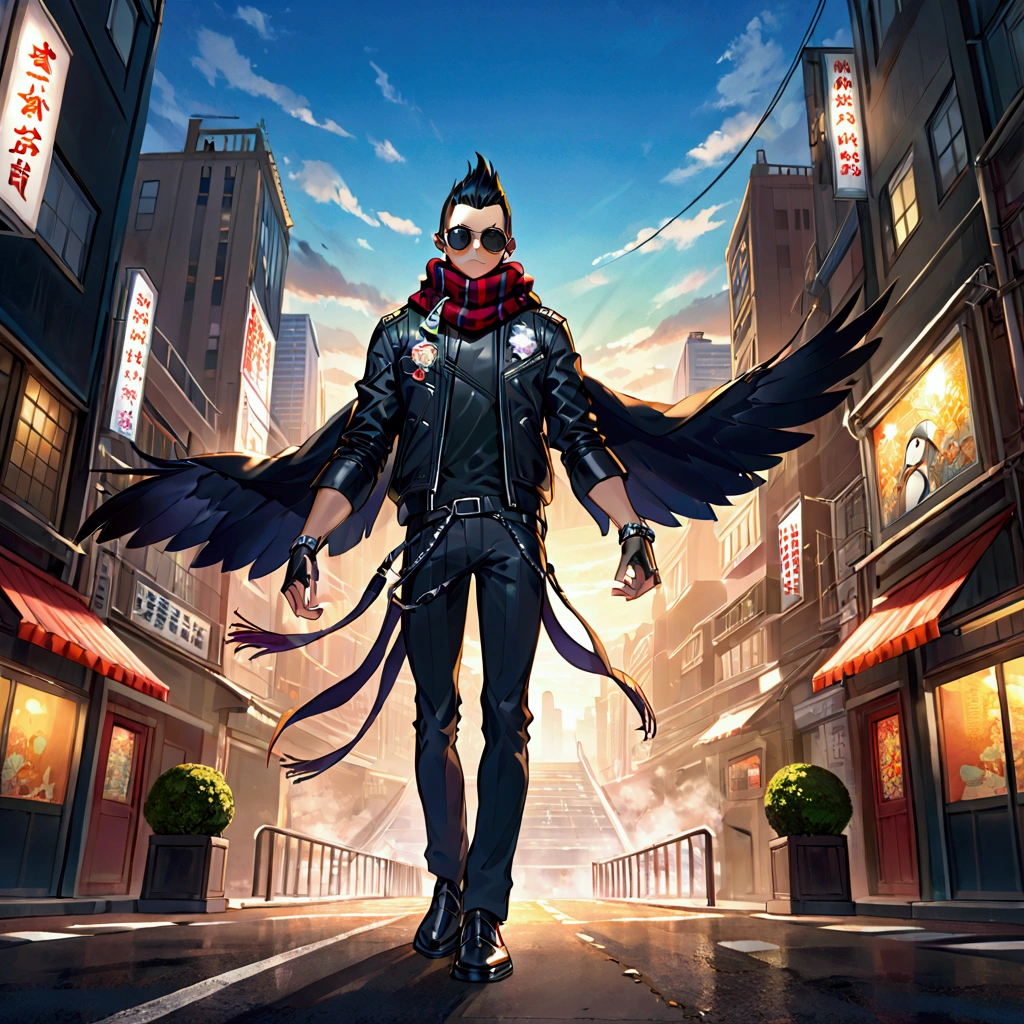 Japanese manga anime style, an extremely badass penguin wearing an insanely cool black leather biker jacket open, black sunglasses, warm scarf, dramatic shadows enhancing facial features, perfect anatomy, magical enchanted fantasy cityscape background, ultra-detailed masterpiece, full body, gangsta type, absurdres, vivid colors, UHD drawing.