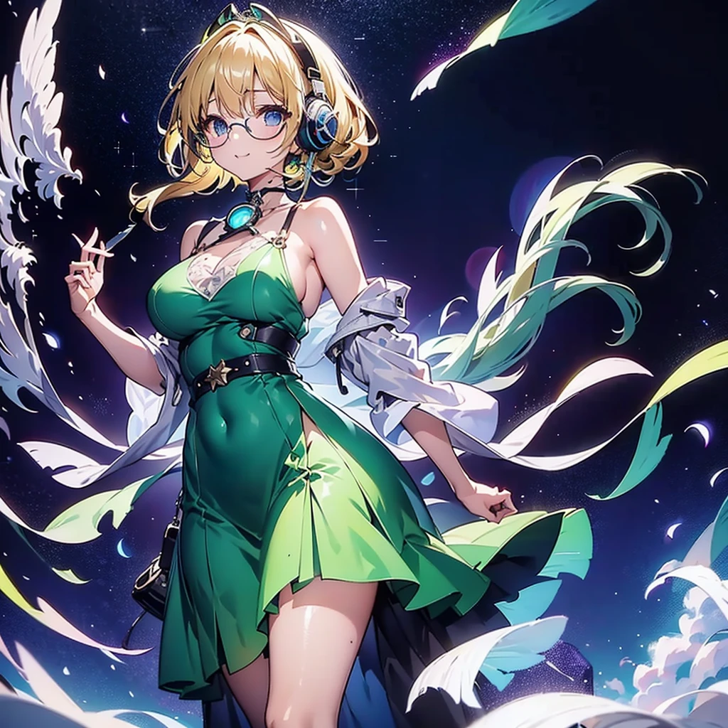 green stained glass 1.8、 The wind blows through the sky 、1 .9、Blonde,solo2.0((Best Quality)),((Handcrafted)) ((masterpiece)), ( Details) The wind blows through the sky 、1 .4、blue-green long long dress 1 .8、 with black headphones hanging around her neck 、black rimmed glasses 1.1、Smiling face 1.1、