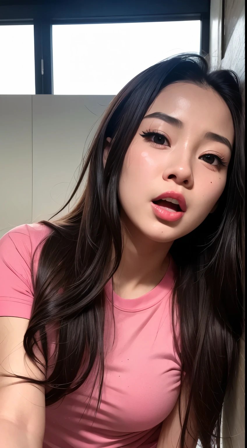 Beautiful Korean girl,Award-winning photos, Highly detailed, Edge orgasm, Woman with open mouth and open eyes, Sweaty skin、wet with sweat、Lighting that highlights the sheen of sweat, Brown wavy long hair、Red lips、 Attentive browsing,(Long and narrow nostrils)、Lighting from below、wearing pink t-shirt off-the shoulder、 Eyes half closed, I frowned.., Drooling, looking half body with a dark atmosphere,,nsfw,(ecstasy:1.3) ,(slut:1.2),(),(silly mess:1.1),(steam: 1.1),(Wet:0.8),(shaking:0.8),(tears:0.7),(glare:0.6),(sweat:0.8),Face looking up