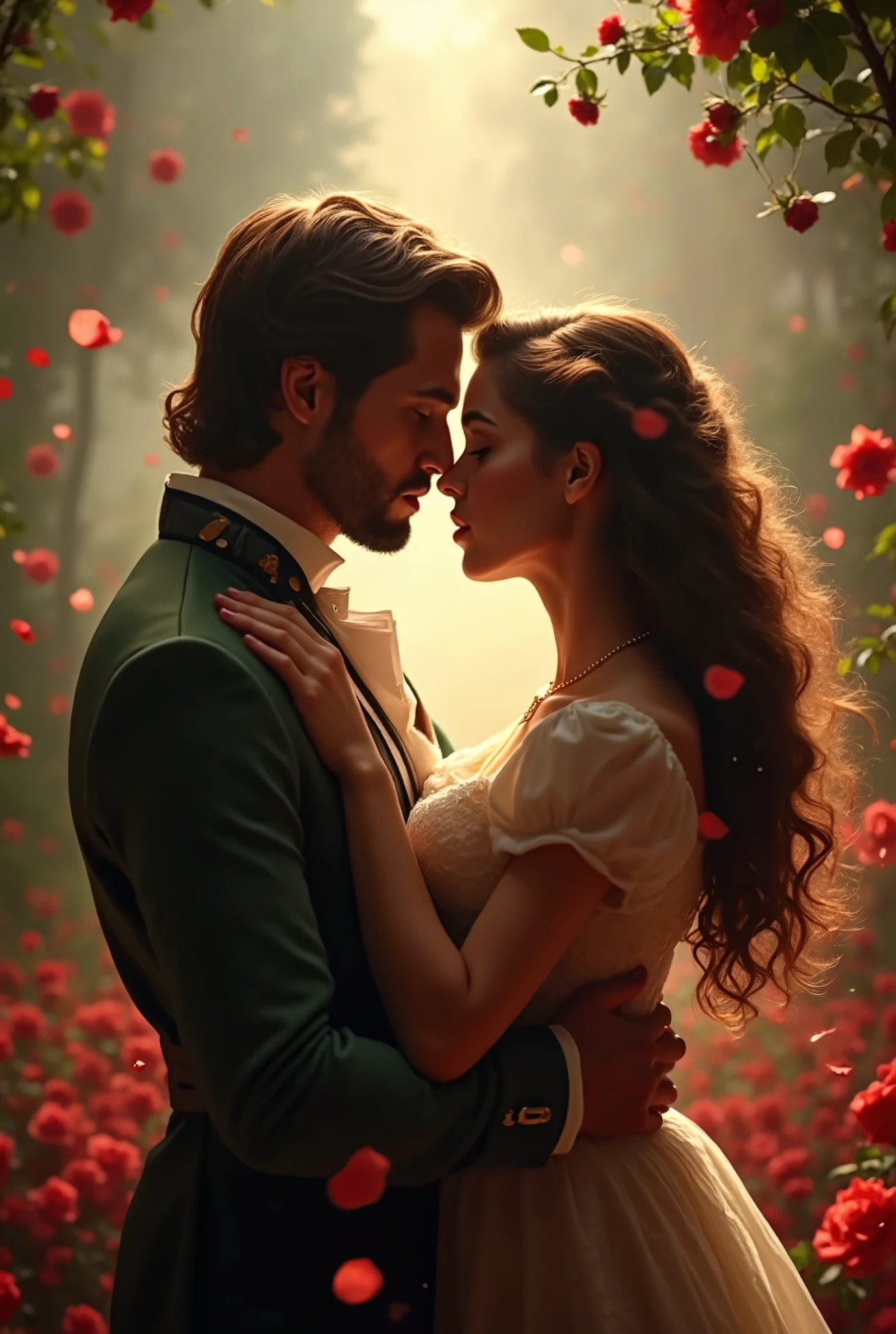 a romantic scene from Romeo and Juliet, two lovers embracing, rose petals falling, dramatic lighting, dramatic backlit lighting, glowing ethereal lighting, photorealistic, detailed lovers' faces, beautiful detailed eyes, beautiful detailed lips, flowing hair, dramatic romantic pose, lush garden background, rose bushes, dramatic sky, epic scale, cinematic, (best quality,4k,8k,highres,masterpiece:1.2),ultra-detailed,(realistic,photorealistic,photo-realistic:1.37)