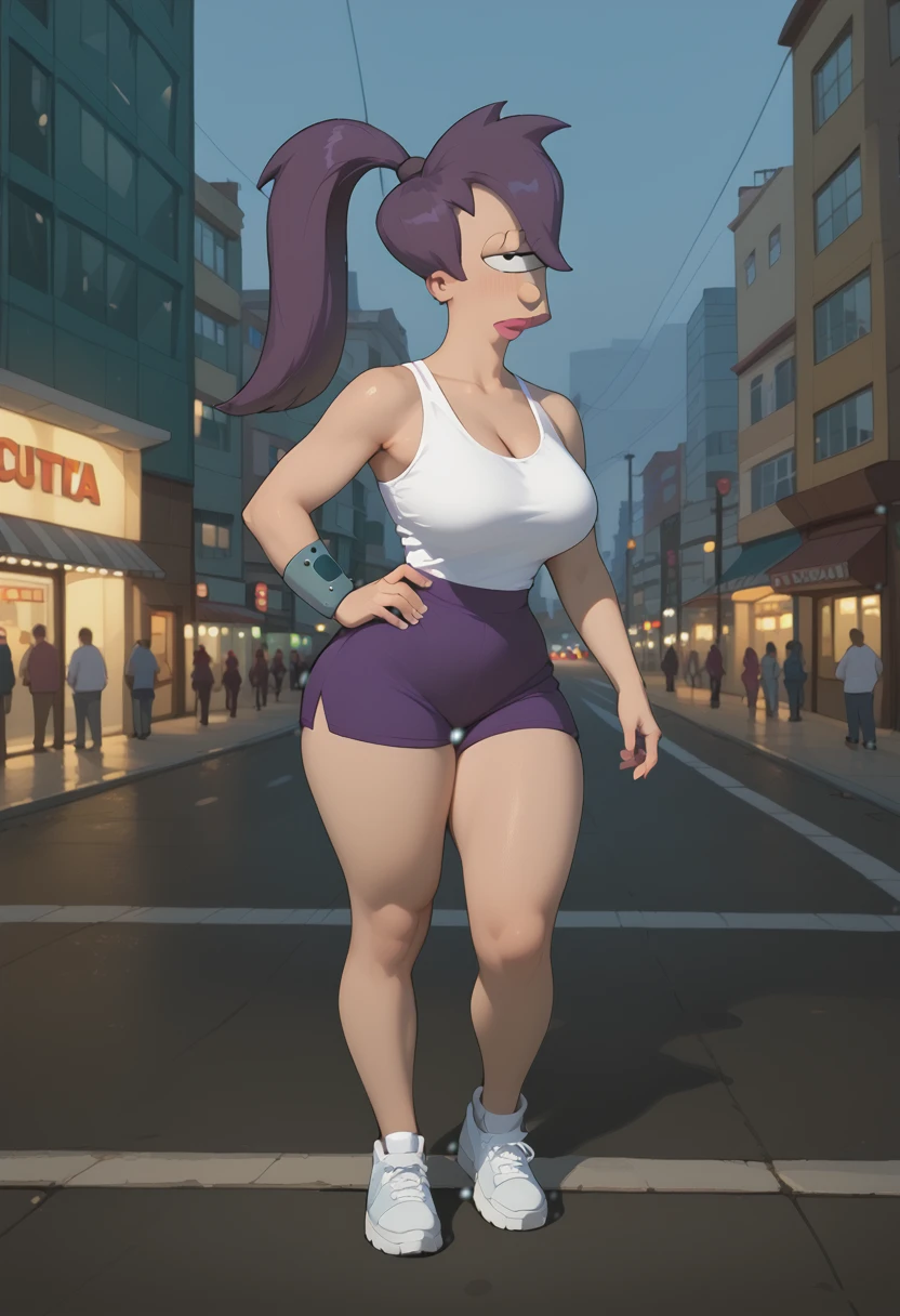 Turanga Leela from futurama, ciclops, one eye in head, girl, human race, one eyed girl, purple ponytail hair, large breast, thick thighs, city background, full body photo,