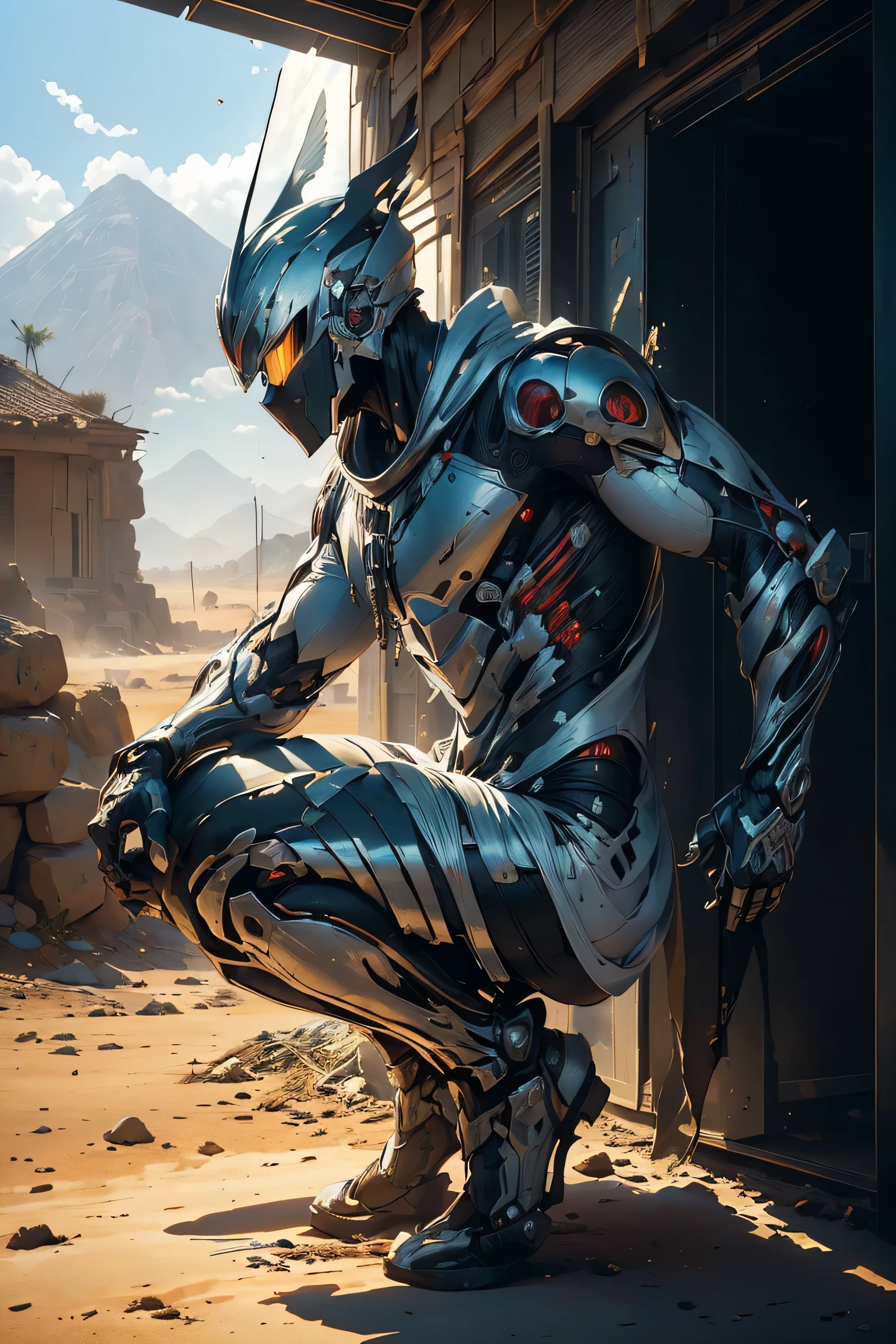 ((ninja, Holding a gun)), ((metallic: 1.5, white body: 2.0, white armor: 2.0, machine parts can be seen under the suit )), My eyes are shining brightly, ( a helmet with a sharp antenna ), (Unreal Engine 5, High image quality, Best Quality , Kampala, Super detailed, extremely delicate , professional, Anatomically Accurate , creativity, RAW Photos, 超 Kampala, 32K, Natural Light, movie lighting , masterpiece-anatomy-perfect, masterpiece:1.5), (fur collar ), Leaves are dancing in strong winds , has a large cloak fluttering in the wind, ((Big Sun, Backlight)), ( electric shines through his fingertips , big blue spark ), has a core that shines green in the body , ((side view)), g0s1, In the middle of the desert, mirage