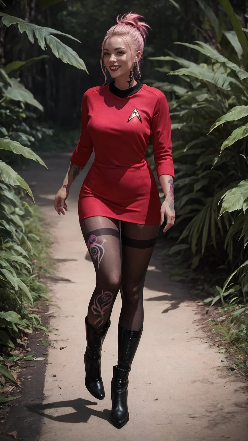 1girl, pale skin, blonde hair with pink highlights in a topknot mohawk hairstyle, beautiful detailed blue eyes, small bust, lightly defined thighs showing through opaque pantyhose, (heavily tattooed:1.37), ((color tattoos)), light smile, freckles, fang out, wearing a red startrektos dress, calf-high black boots over pantyhose, running through a jungle planet, (best quality,4k,8k,highres,masterpiece:1.2),ultra-detailed,(realistic,photorealistic,photo-realistic:1.37),sci-fi,vivid colors,studio lighting,physically-based rendering,extreme detail description, micrsk3rt