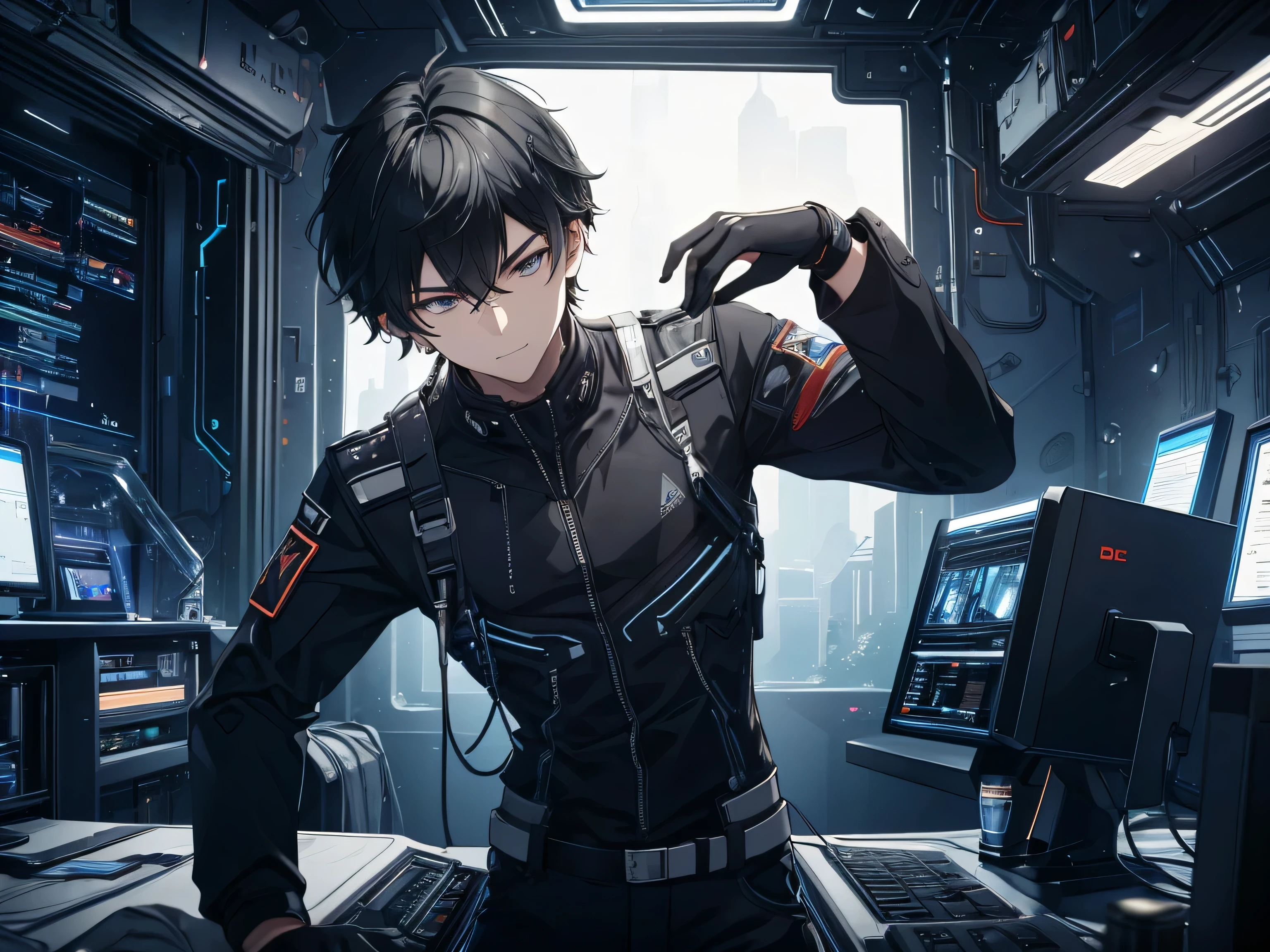 Portrait from the belly up, illustration of a young man , Black Hair, Short Hair, dark eyes, short wolf hair , 20-year-old man, I'm wearing a black skinny pilot suit, relaxing in a spaceship lobby , A smirking expression, Official Art、 Best Quality 、 unity 8k Wallpaper 、32K、masterpiece、Super detailed, Male nose, Male Eyes , Male outline , male skeleton , Male Body, English is displayed on multiple monitors, looking down from above, {{{APEX}}}, English is displayed on multiple monitors, looking down from above,