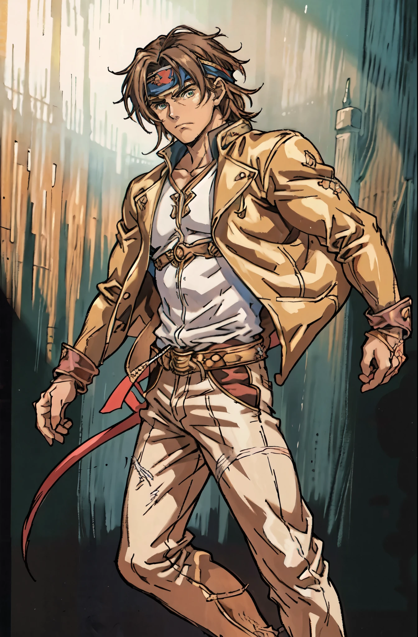 (masterpiece:1.2, best quality:1.2, extremely delicate:1.2), ((male:1.5)), a man with messy short brown hair, choppy bangs, a headband tied around his forehead, sharp eyes, well-defined features, serious expression, fantasy Western-style attire, the color scheme is primarily Yellow with Black accents, a burlap shirt, a leather jacket, a jeans, surrounded by green striped energy, he leaps into the air, this character embodies a finely crafted fantasy Western-style Rogue in anime style, exquisite and mature manga art style, dramatic, high definition, highres, ultra-detailed, ultra-fine painting, professional, perfect body proportions, golden ratio, anatomically correct, symmetrical face, extremely detailed eyes and face, high quality eyes, creativity, RAW photo, UHD, 32k, Natural light, cinematic lighting, (masterpiece-anatomy-perfect:1.2)