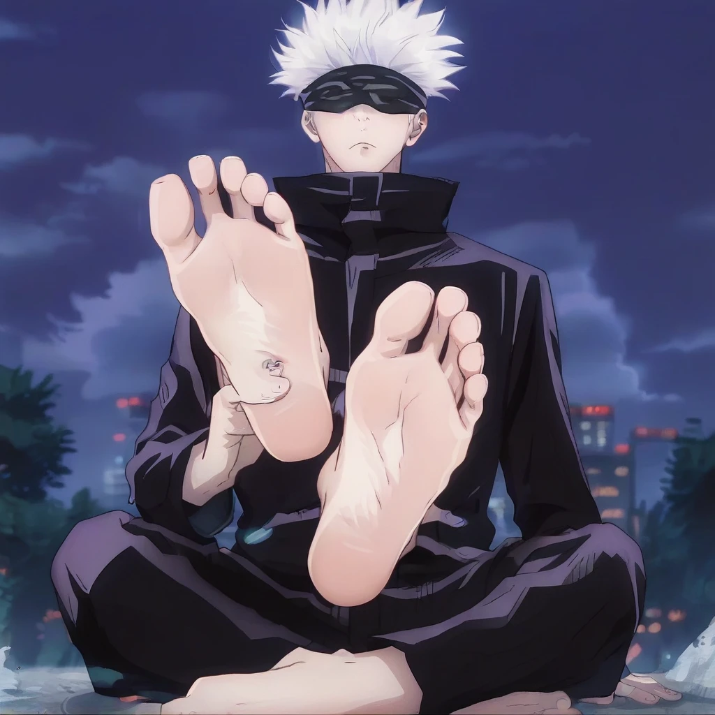 score_9, score_8_up, source_anime,
1boy, Satoru Gojo, white hair, short hair, blindfold, wide opened eyes, black high-collar jacket, long sleeves, black pants, sitting on the ground, alone, looking at viewer, cowboy shot, ANIME SCREENCAP, anime coloring, in the city at night, barefoot, perfect feet, anatomically correct, soles, low angle, focal length 35mm, each foot has five toes, front, symmetrical soles, foot focus