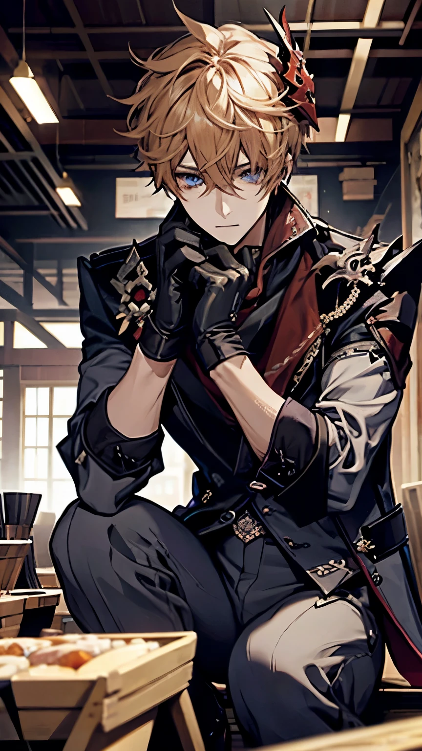 , Alone, short hair, blue eyes , shirt, Gloves, One person, hair, JEWELRY, jacket, male focus , earrings with cups, black Gloves, pants, オレンジのhair, mask, シングル earrings with cups , red scarf, grey jacket, vision ( Genshin Impact ), mask on head, half Gloves, grey pants, red mask, Squat, indoor