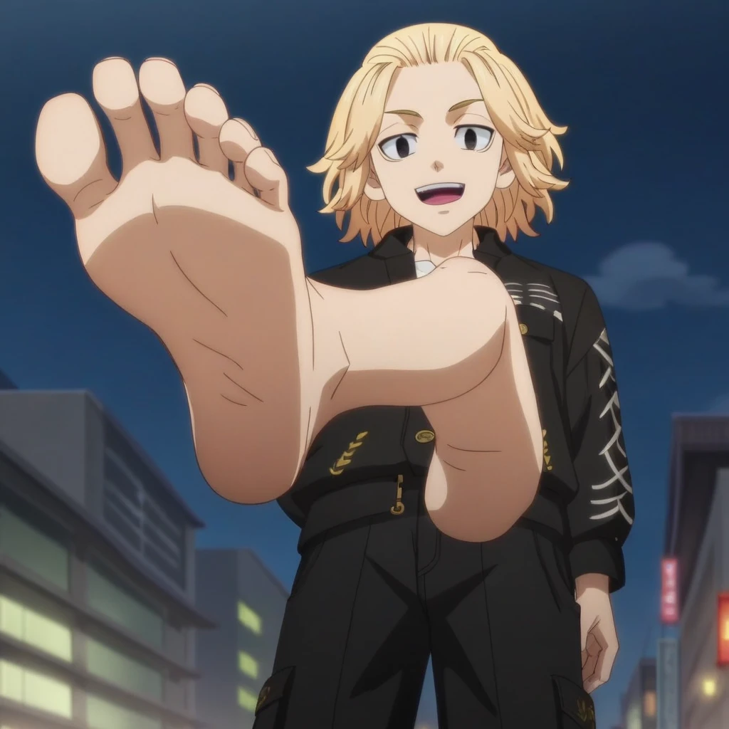 score_9, score_8_up, source_anime,
1boy, Manjirou Sano, blonde hair, happy face, black pants, black jacket, standing, alone, looking at viewer, cowboy shot, ANIME SCREENCAP, anime coloring, in the city at night, barefoot, perfect feet, anatomically correct, soles, low angle, focal length 35mm, each foot has five toes, front, symmetrical soles, foot focus