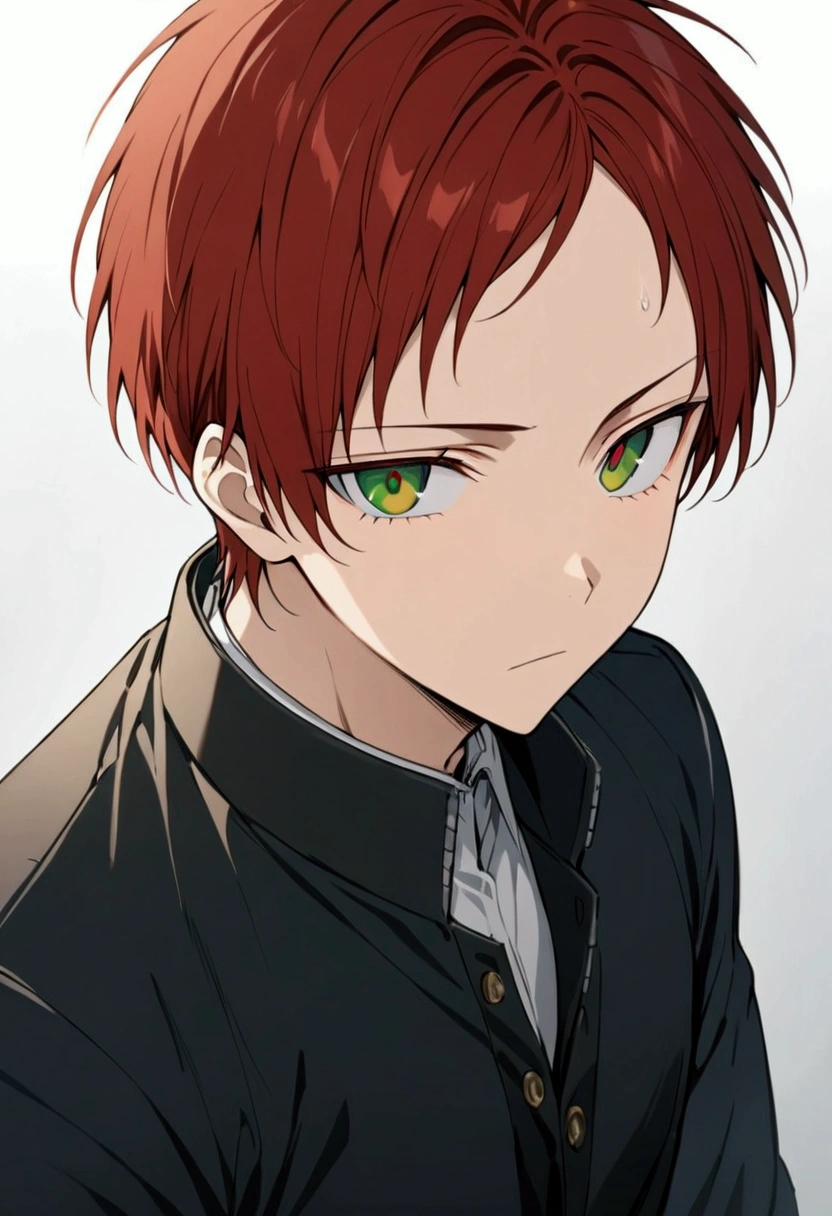 whole body、Character portrait、male、masterpiece、Handsome、The forehead is visible、1 man、carmine red Hair、Worn suit、Jacket、Give bangs、Showing his forehead、Handsome、Intricately drawn eyes、good looking、Plain white background、((terquise eyes))