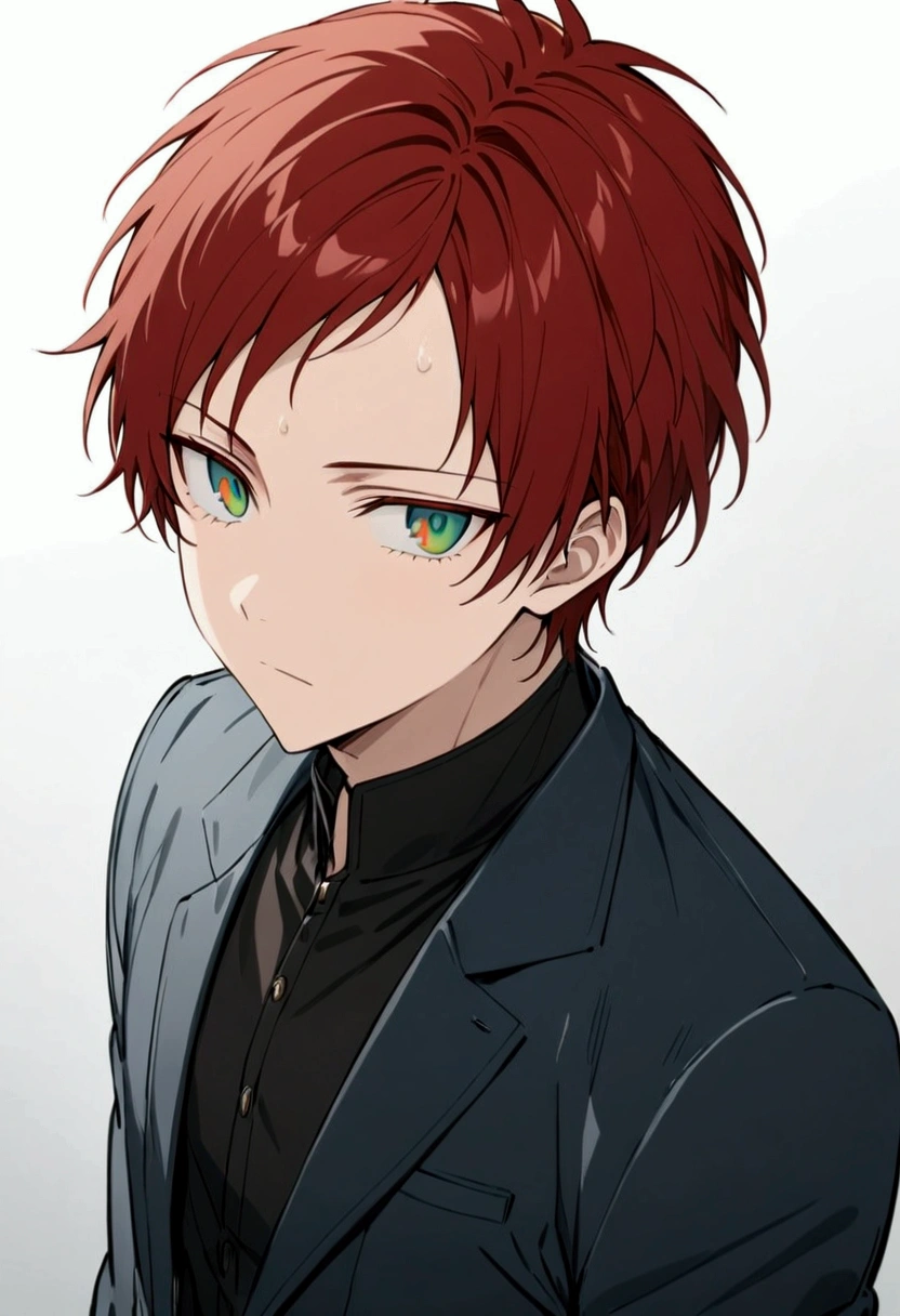 whole body、Character portrait、male、masterpiece、Handsome、The forehead is visible、1 man、carmine red Hair、Worn suit、Jacket、Give bangs、Showing his forehead、Handsome、Intricately drawn eyes、good looking、Plain white background、((terquise eyes))