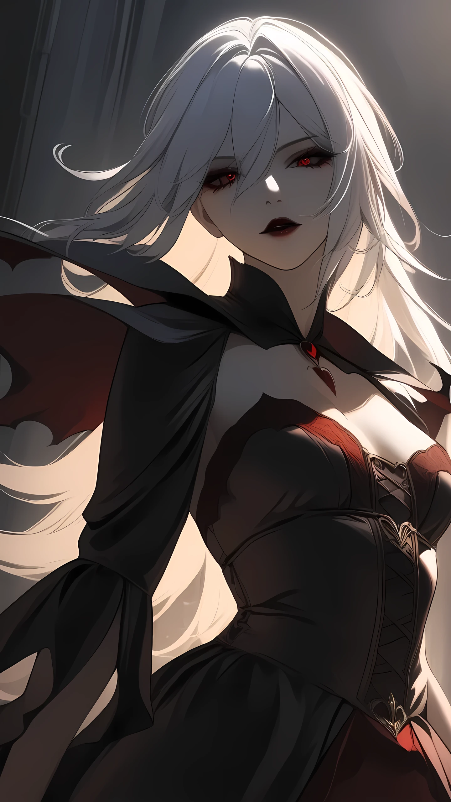 (masterpiece, best quality:1.2), 1girl, solo, Vampire Dress, white hair, dark fantasy,chiaroscuro,gothic,concept art,surreal,mystical,ethereal,moody,dramatic,atmospheric, looking at viewer, detailed facial features 