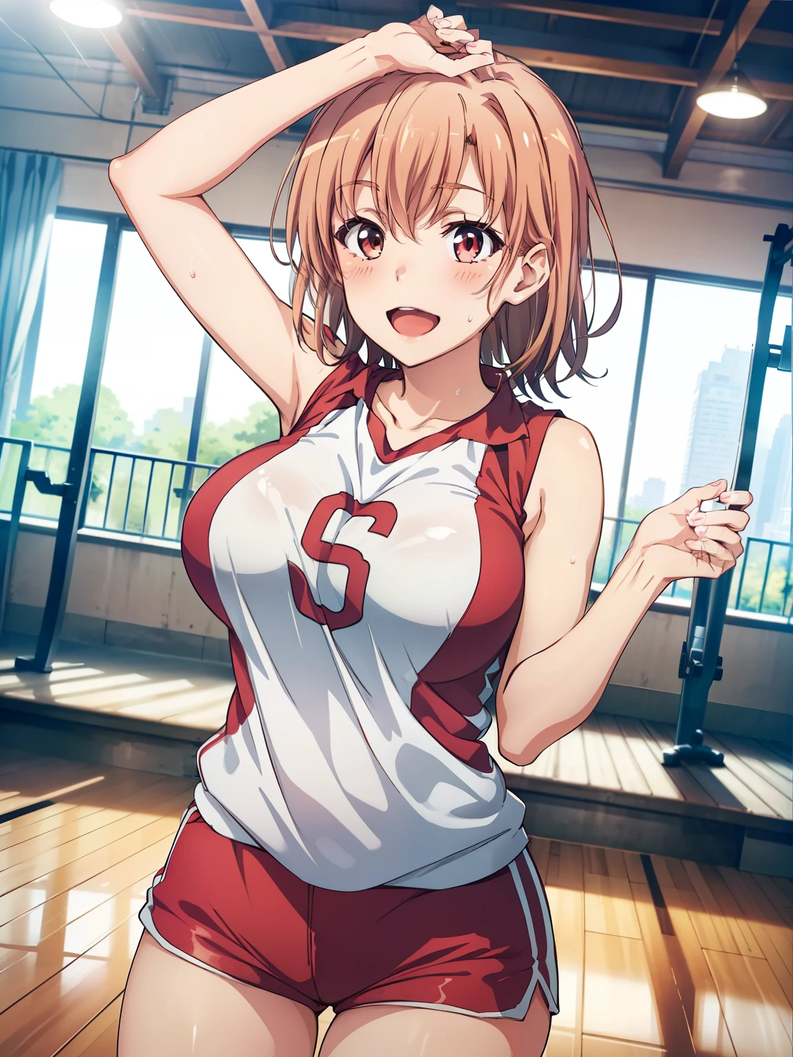 ((Best Quality,  Kampala,   perfect pixel,  4K)),  ( beautiful anime girls),  depth of field 、

yuigahama yui,　(Big Breasts:1.2)、

volleyball uniform, sleeveless shirt, shorts, 

smile、blush、 opens her mouth、sweat、

gym、