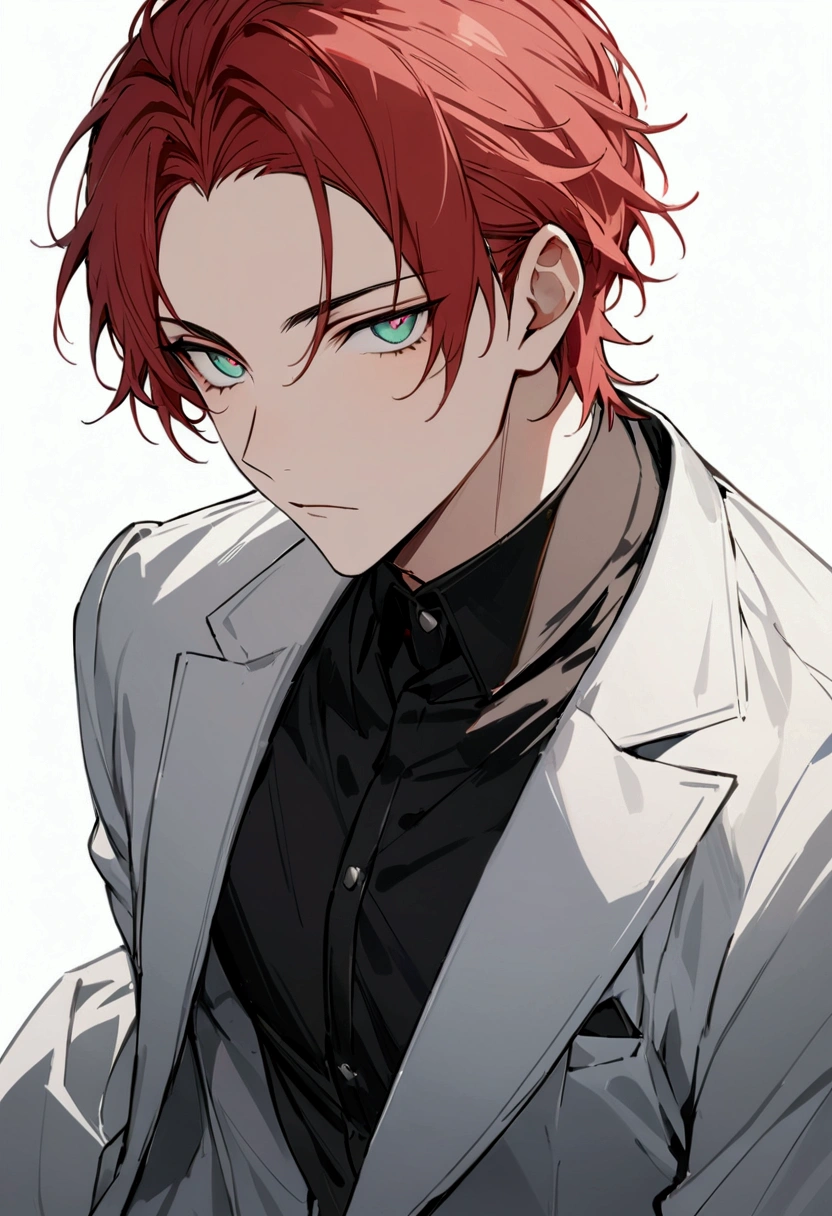 whole body、Character portrait、male、masterpiece、Handsome、The forehead is visible、1 man、carmine red Hair、Worn suit、Jacket、Give bangs、Showing his forehead、Handsome、Intricately drawn eyes、good looking、Plain white background、((terquise eyes))