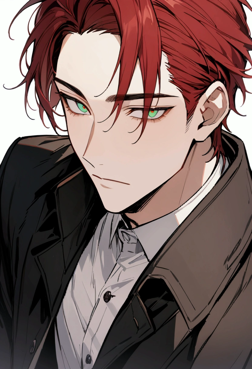 whole body、Character portrait、male、masterpiece、Handsome、The forehead is visible、1 man、carmine red Hair、Worn suit、Jacket、Give bangs、Showing his forehead、Handsome、Intricately drawn eyes、good looking、Plain white background、((terquise eyes)), 30 years old, handsome male