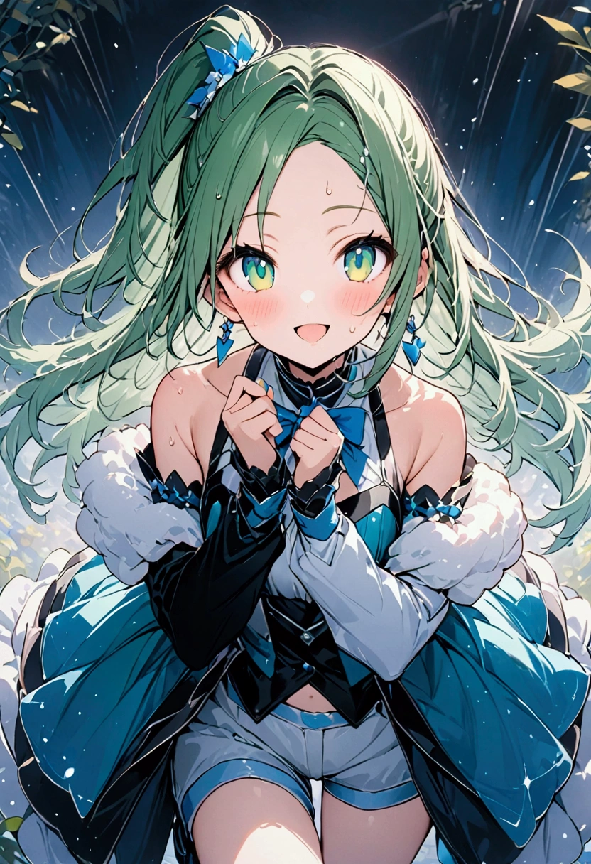 High image quality 、masterpiece、   high quality、Full HD、4K、 hands idol pose 、 Extend one hand 、View from above 、Grab the microphone、 emerald green hair 、 asymmetrical ponytail、Forehead、 emerald green eyes  、 Open your mouth 、smile、Sweat on the forehead、blue idol uniform 、 Detached Sleeve 、White shorts 、 fluffy arm garter 、Blue Skirt 、slender、Outdoor Concert、laser effect