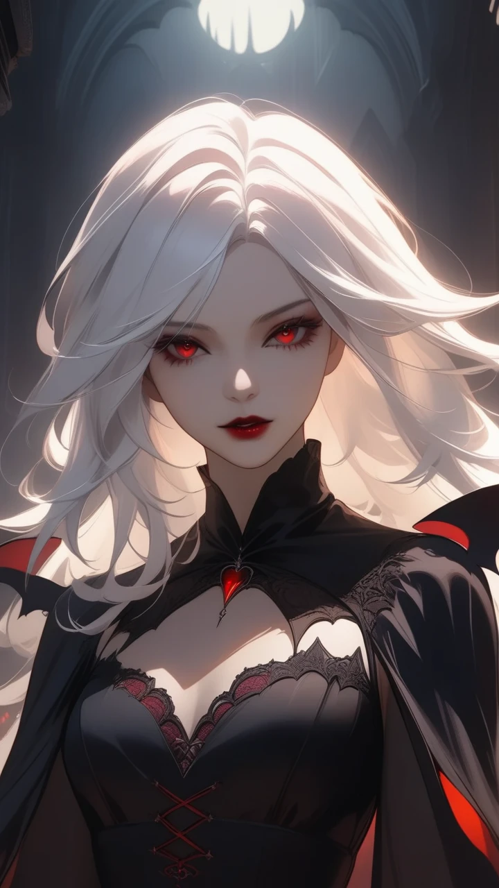 (masterpiece, best quality:1.2), 1girl, solo, Vampire Dress, white hair, dark fantasy,chiaroscuro,gothic,concept art,surreal,mystical,ethereal,moody,dramatic,atmospheric, looking at viewer, detailed facial features 