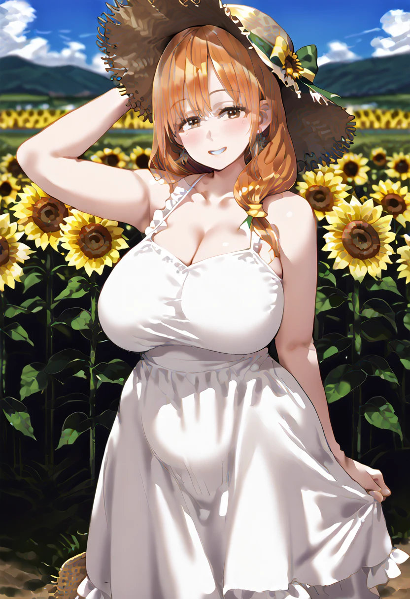 1noue, 1girl, solo, hair ornamnet, long hair, orange hair, hat, solo, flower, dress, sunflower, outdoors, white dress, smile, long hair, looking at viewer, sky, bangs, breasts, closed mouth, smile, cloud, earrings, sundress, day, sun hat, blush, teeth, cleavage, :d, collarbone, jewelry, blue sky, straw hat, sleeveless dress, ribbon, summer, sleeveless, hand on headwear, mature female, MILF, 30yo, bare shoulders, bow, huge breasts, sagging breast, perfect female body, narrow waist, chubby, plump, BBW, field, sunflower field, yellow flower, hat ribbon, frilled dress, frills, standing, blurry, hat bow