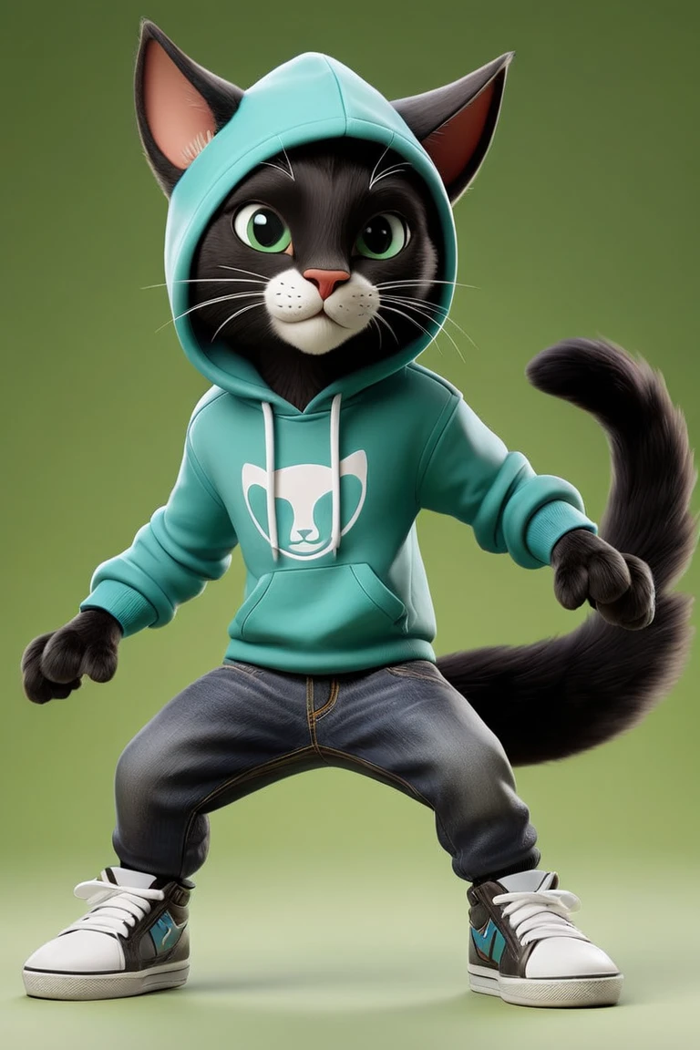 An anthropomorphic feline character with shiny black fur and large, vibrant blue eyes. He is wearing a casual green hoodie with a subtle logo and loose-fitting blue jeans. On his feet, he has black-and-white skater-style sneakers, with visible laces and detailed textures on the soles. The character is mid-air, in a dynamic jump, with one leg bent and the other stretched forward, while his front paws are open, simulating movement. The background is vibrant green, helping the character stand out. The artwork follows a 3D cartoon style with smooth outlines and exaggerated features to enhance its cute and expressive look. There are no additional elements beyond the character