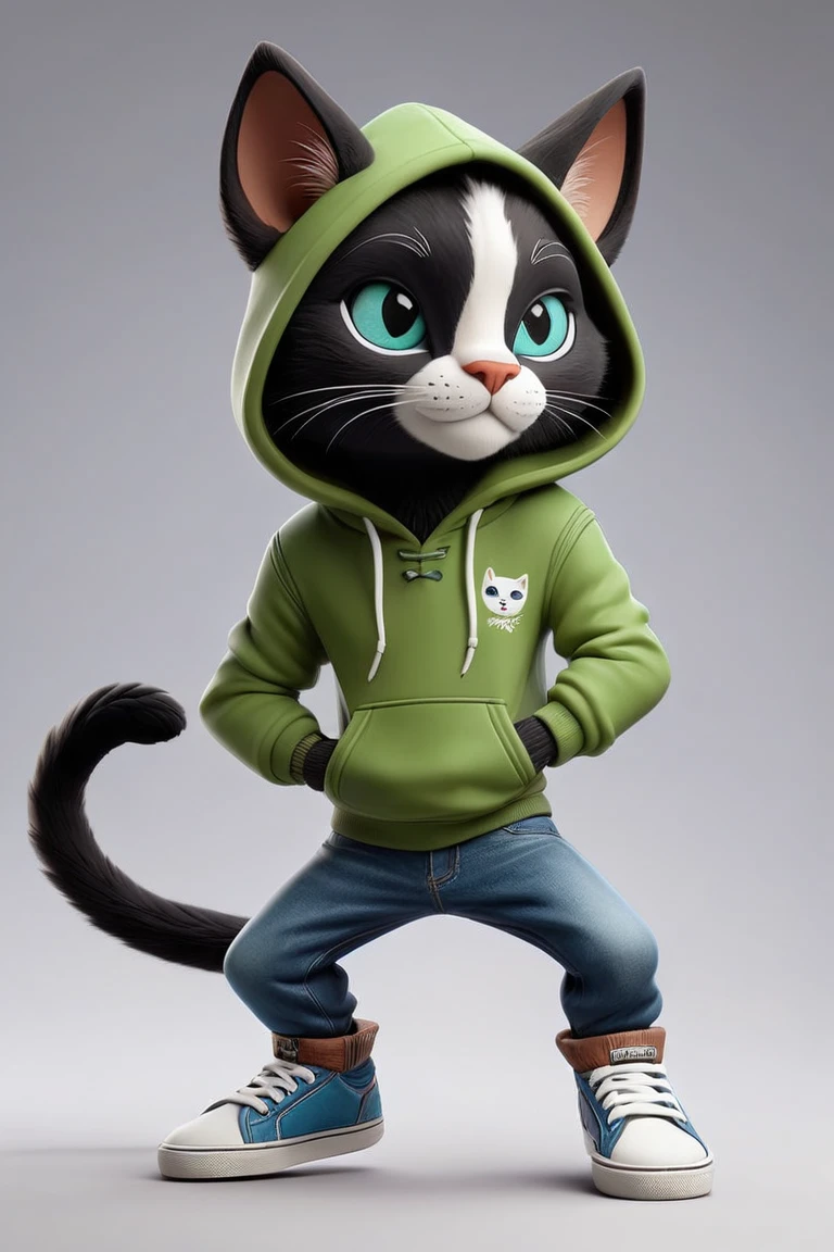 An anthropomorphic feline character with shiny black fur and large, vibrant blue eyes. He is wearing a casual green hoodie with a subtle logo and loose-fitting blue jeans. On his feet, he has black-and-white skater-style sneakers, with visible laces and detailed textures on the soles. The character is mid-air, in a dynamic jump, with one leg bent and the other stretched forward, while his front paws are open, simulating movement. The background is vibrant green, helping the character stand out. The artwork follows a 3D cartoon style with smooth outlines and exaggerated features to enhance its cute and expressive look. There are no additional elements beyond the character