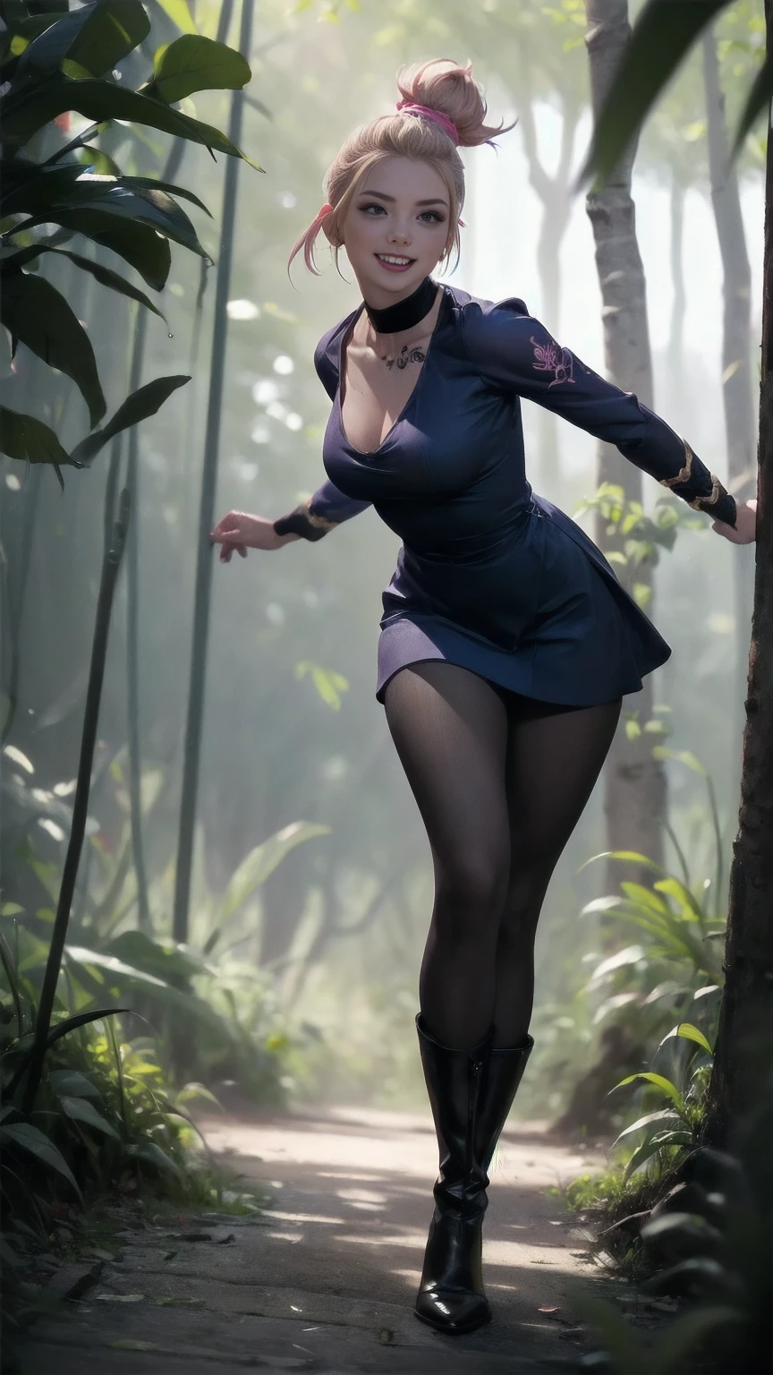 1girl, pale skin, blonde hair with pink highlights in a topknot mohawk hairstyle, beautiful detailed blue eyes, small bust, (defined thighs showing through opaque pantyhose), (Gothic tattoos), ((color tattoos)), light smile, freckles, fang out, wearing a red startrektos dress, calf-high black boots over pantyhose, running through a jungle planet, (best quality,4k,8k,highres,masterpiece:1.2),ultra-detailed,(realistic,photorealistic,photo-realistic:1.37),sci-fi,vivid colors,studio lighting,physically-based rendering,extreme detail description