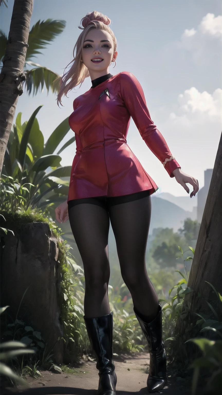 1girl, pale skin, blonde hair with pink highlights in a topknot mohawk hairstyle, beautiful detailed blue eyes, small bust, (defined thighs showing through opaque pantyhose), (Gothic tattoos), ((color tattoos)), light smile, freckles, fang out, wearing a red startrektos dress, calf-high black boots over pantyhose, running through a jungle planet, (best quality,4k,8k,highres,masterpiece:1.2),ultra-detailed,(realistic,photorealistic,photo-realistic:1.37),sci-fi,vivid colors,studio lighting,physically-based rendering,extreme detail description