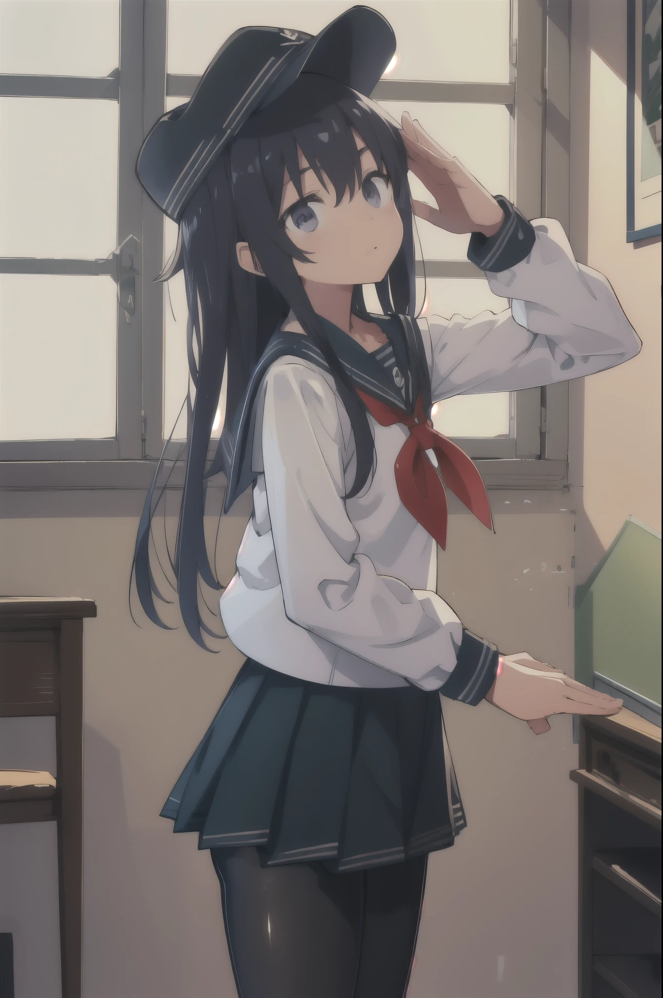 Akatsuki,  flat cap,  sailor suit,  white shirt,  Long Sleeve , pantyhose, salute,  Green,  window , Shine,  cowboy shot, masterpiece, Best Quality,  Kampala, Nice hands, Perfect hands