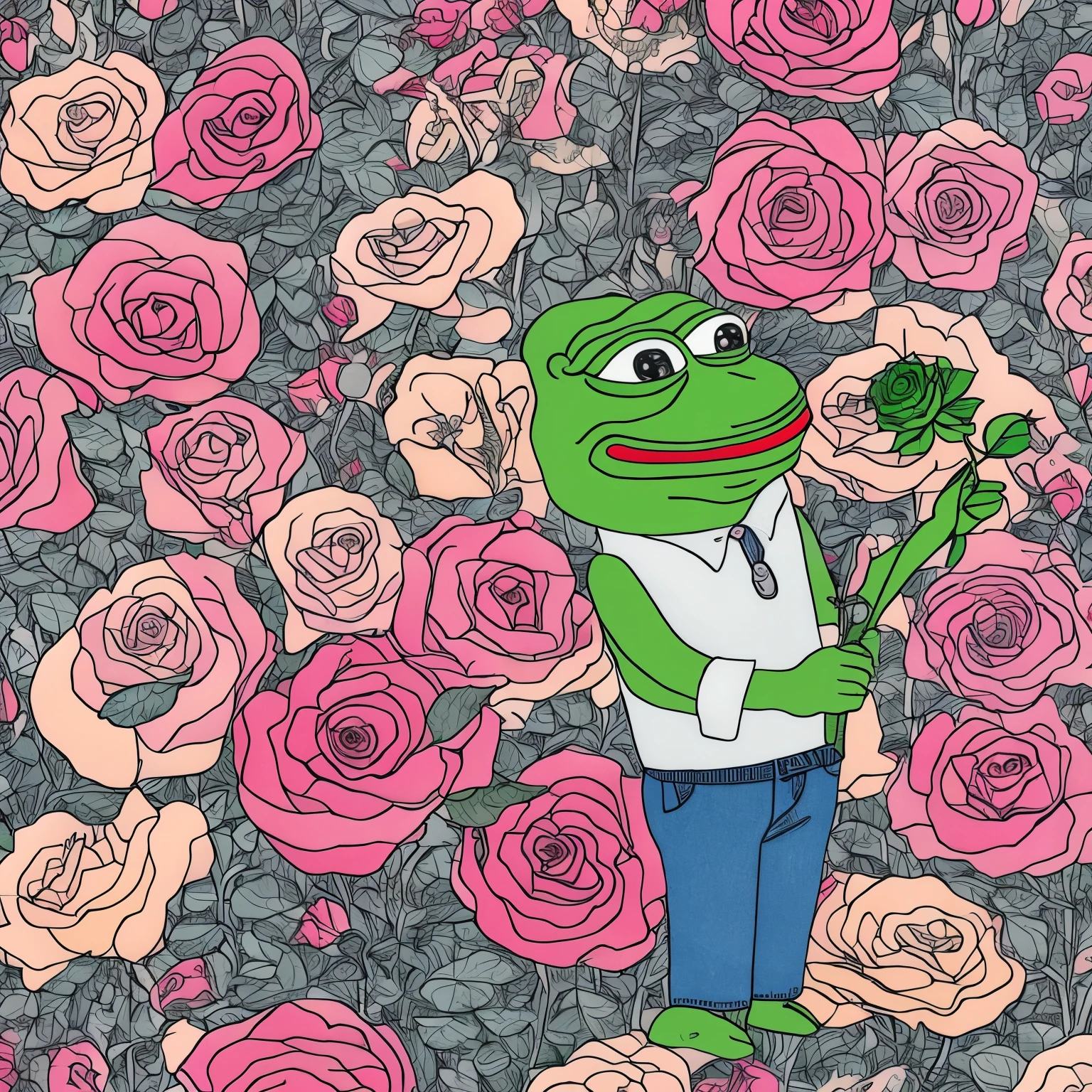 a pepe holding a rose in his hand and standing