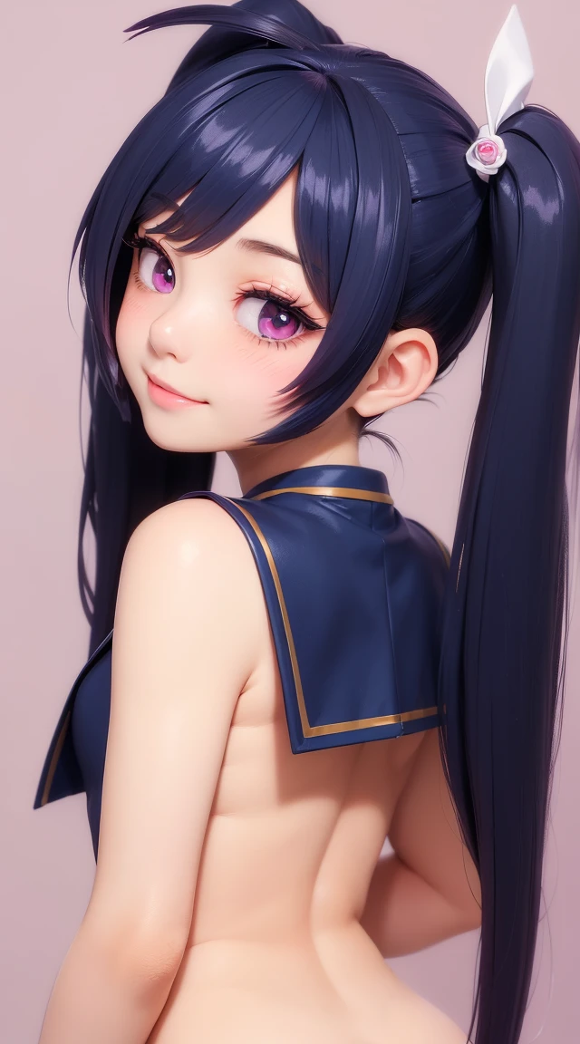 (masterpiece:1.3), (Best Quality:1.3), (Ultra-detailed:1.2), ((kawaii)), Cute, (lovely), ((sexy)), ((Extremely detailed)), 4K, (8K), Best Quality, (Beautiful), Illustration, anime style, (bold line:1.2), Gradation, looking at viewer, //, (bent down:1.1), (arms behind back), //, a cute girl, 1girl, (solo:1.2), gleaming skin, //, (flat nude chested), (Perfect eyes:1.2), (Perfect iris:1.2), //, blue hair color, (beautiful eyes) //, (half closed eyes:1.3), (sexual expression:1.2), Fascinated expression, smile, (blush:1.2), //, modern pink restroom, on bed, nude, strong abs