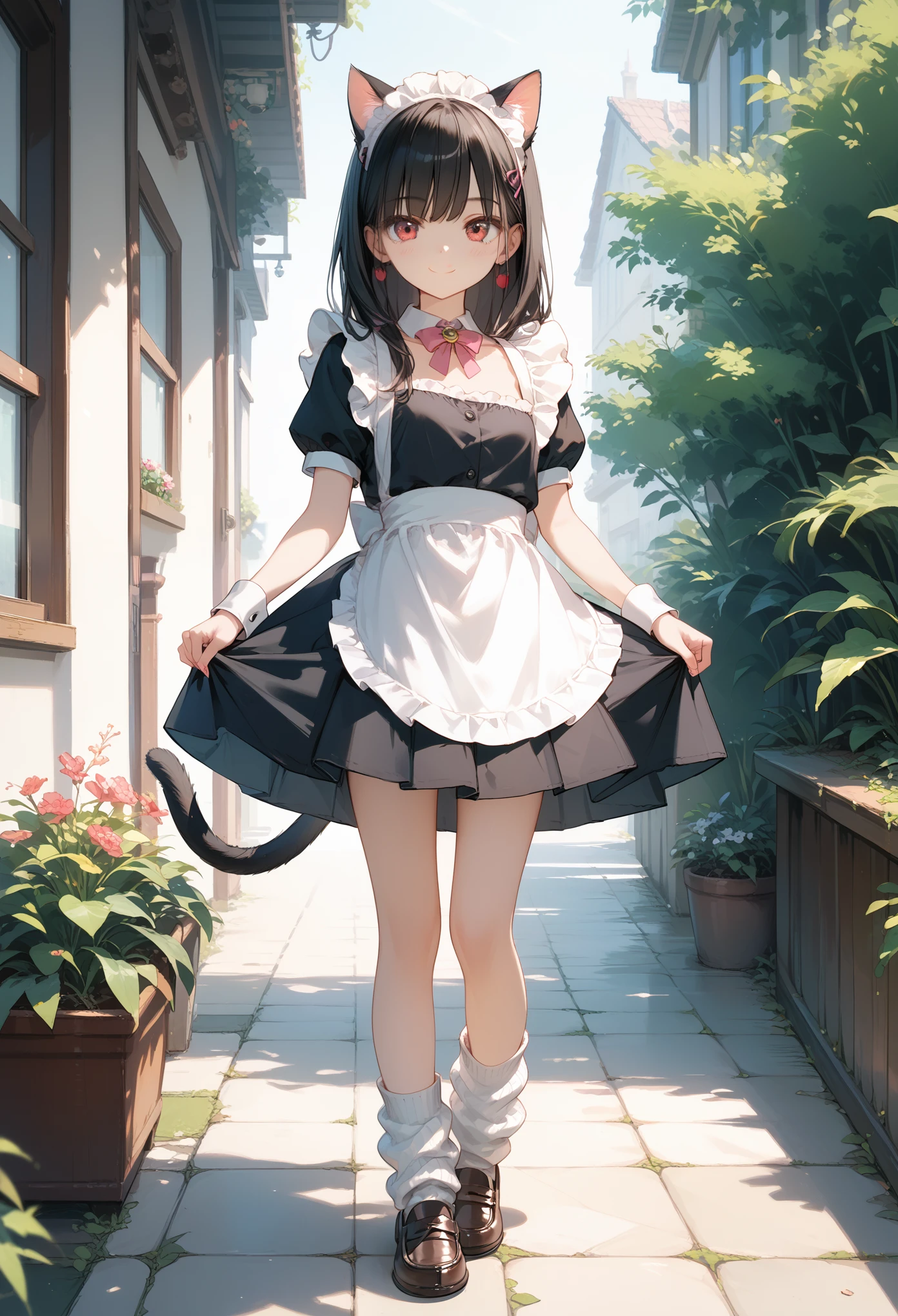 Score_9,Score_8_up,Score_7_up,highest quality anime,,masterpiece,1 girl,slim,small breasts,(Ideal slender proportions),(black_long_hair,straight_bangs,maid costume,loose socks,loafers,cat ears,cat tail),smile,beautiful legs,standing,view from behind