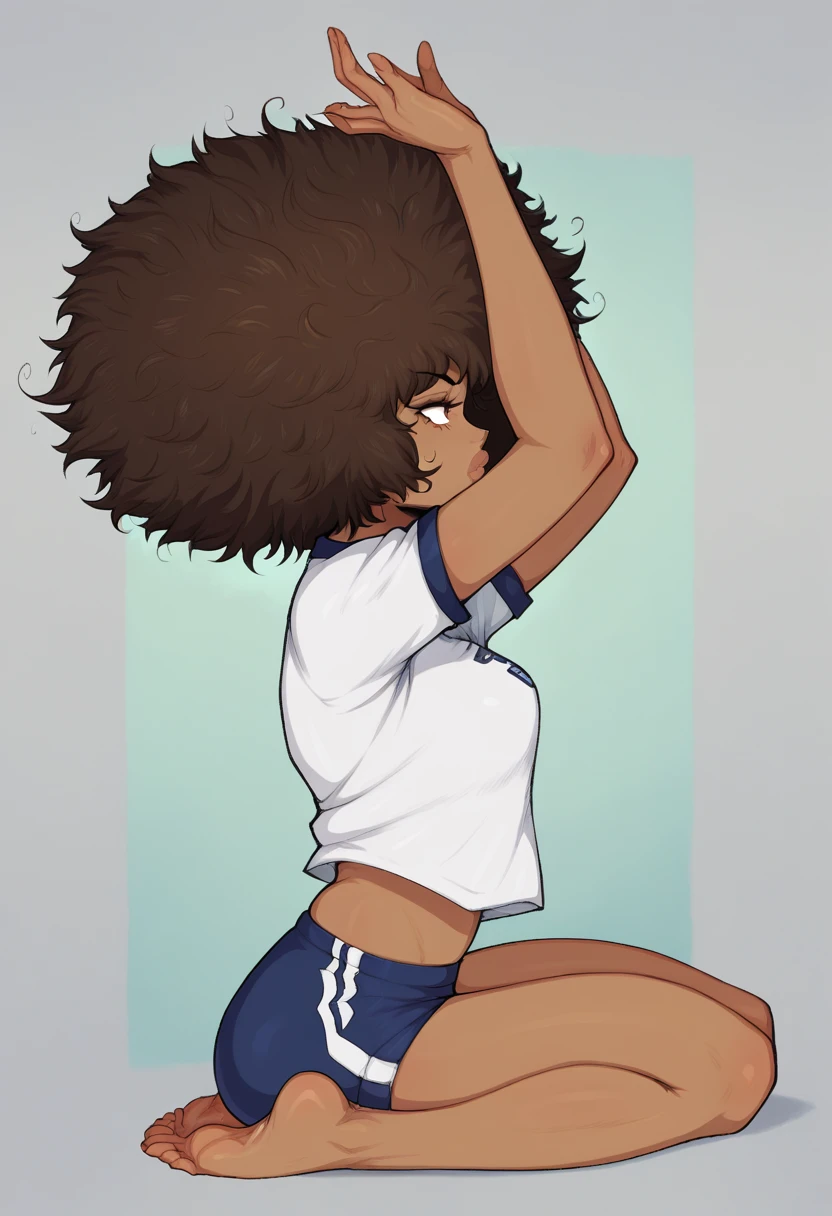 ****ung girl, dark skin, ebony, breast, afro hair, messy hair, Brown hair, lips, curvy, anime style, White tshirt, japanese gym uniform, blue buruma, pose,stretch,arms up,sitting,full body,profile,split,from side,feet