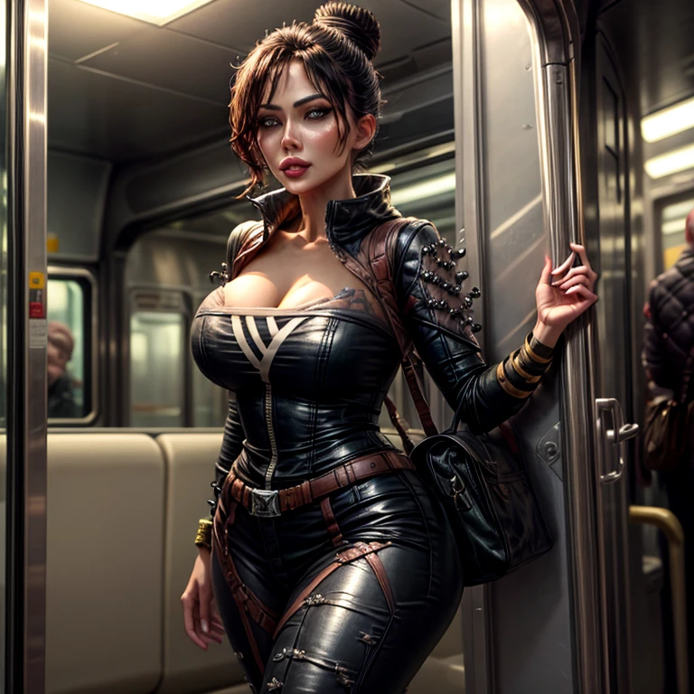  Picture of a mature woman standing, Alone, joy, toys, green eyes,  Looking at the viewer , makeup,  curly hair, lipstick,  red hair,  red lips, ( steampunk style:1.2), retro style, Fantasy, realistic, close up, ([Adriana Lima | Jennifer Lopez ]:1.1) using rubber band, inside the train, retro, realistic, arte pinup, pinup girl, soft colors, sepia, orange hair,  short hair, wart,  half-open lips , Curious, bright