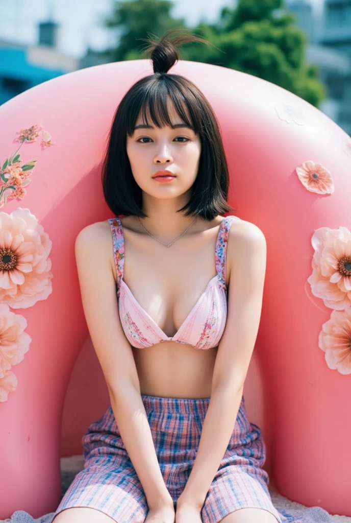 masterpiece, high quality,16k,32K,extremely cute face, (hyper-realistic, hight resolution), (best Quality,Raw photo, (Realistic, Photorealsitic, (upper_body:1.3),Staring Intently,nsfw,Shy Smile (Kneeling pose,spread legs,Emphasize the cleavage,Fairytale micro bikini,Fairytale background,without makeup