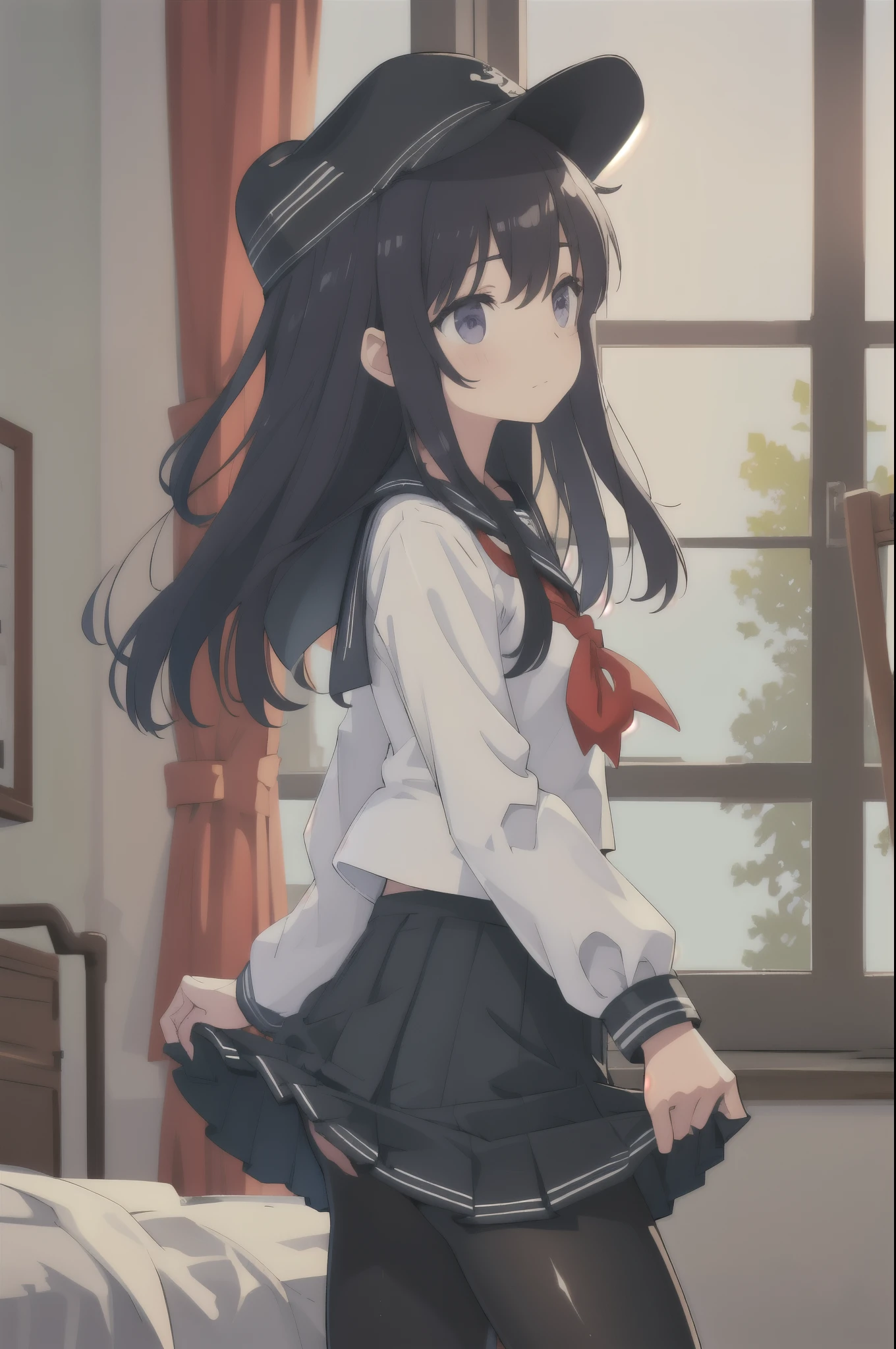 Akatsuki,  flat cap,  sailor suit,  white shirt,  Long Sleeve , pantyhose, Green,  window , Shine,  cowboy shot, masterpiece, Best Quality,  Kampala, Nice hands, Perfect hands, Skirt Lift