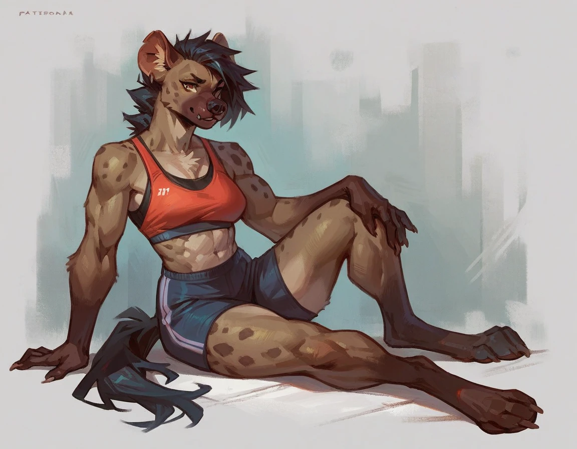 score_9, score_8_up, score_7_up, score_6_up, score_5_up, score_4_up, source_furry, female anthro hyena, dark hair, athletic, sitting, sports bra, shorts