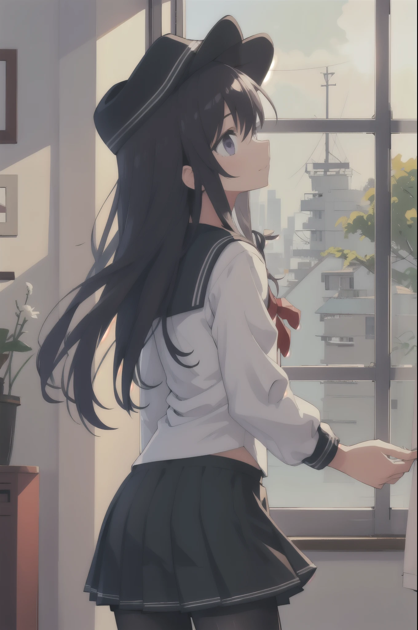 Akatsuki,  flat cap,  sailor suit,  white shirt,  Long Sleeve , pantyhose, Green,  window , Shine,  cowboy shot, masterpiece, Best Quality,  Kampala, Nice hands, Perfect hands, Skirt Lift