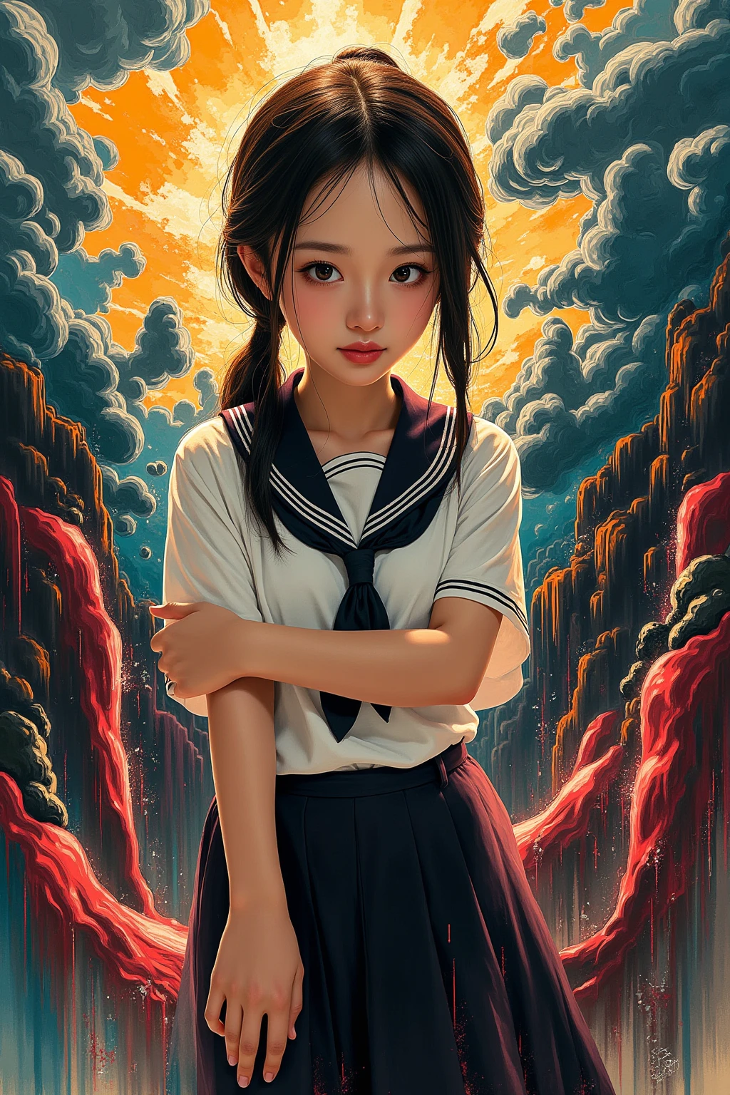 Expressionist artwork images, asian high school girl, 