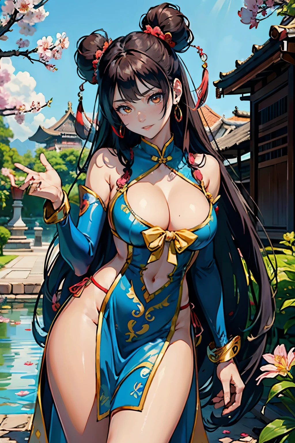 (highest quality, masterpiece, High resolution)、(anime art)、bright light、brown eyes、(thick hair)、long hair、hair ornaments、Cute face details、enchanting smile、small breasts、whole body、((sakura tropical))  (best quality,4k,8k,highres,masterpiece:1.2),ultra-detailed,(realistic,photorealistic,photo-realistic:1.37),acrylic painting,beautiful Indonesian model wearing a vibrant blue red Chinese traditional silk dress, beautiful Indonesian model in a blue red silk Chinese traditional outfit with downy hair,beautiful Indonesian model's blue red silk Chinese silk dress adorned with cute bows and chains, beautiful Indonesian model with extremely colorful hair and detailed facial features,beautiful Indonesian model standing in a beautiful garden,  beautiful Indonesian model with intricate accessories,beautiful Indonesian model posing gracefully,beautiful Indonesian model with long flowing long hair,beautiful bright brown eyes and rosy lips,beautiful Indonesian model with a joyful expression,beautiful Indonesian model in a dynamic pose with sakura blossoms falling around her,beautiful Indonesian model surrounded by colorful flowers and butterflies, tights,beautiful Indonesian model with an enchanting smile,beautiful Indonesian model with soft, pastel-colored shading, beautiful Indonesian model with a fairytale-like background,sailor moon hair, two hair buns hair,Double Buns, flower in hair, hair ribbons, hair ornaments, long sleeve