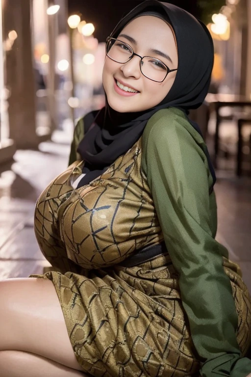 Cute Pakistani girl in hijab wearing batik patung dress, big smile, glasses, laughing, happy, big front teeth, bustling nighttime city, wearing hijab, bright golden color hijab, beauty skin, huge breast, nipple erected detailed, dark hairy pussy, thick thighs bright lighting, big round ass, cute face, slim abs, 35mm lens, Extreme close-up, pastel color grading, depth of field cinematography effect, romantic film genre, 8k resolution, high quality, ultra detail,