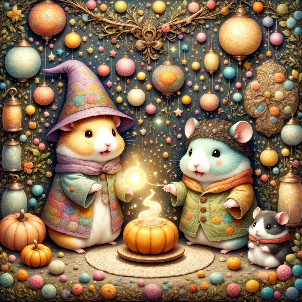 In a cozy, enchanted room bathed in the warm glow of magical lanterns, two adorable hamsters share a whimsical Halloween night filled with spells and laughter. The first hamster, a tiny wizard dressed in a shimmering purple robe covered in starlit embroidery, wears a tall, pointy hat that sits slightly askew, adding to his undeniable charm. His small, round paws clutch a miniature golden-tipped wand, and a gleeful smile lights up his round, fuzzy face, filled with excitement as he casts a gentle spell over his friend.

The second hamster, dressed in a cute Frankenstein-inspired outfit with little stitched patches and tiny bolts attached to his soft, fluffy cheeks, gazes up at the wizard hamster, his own cheeks puffed up in a delighted grin. The Frankenstein hamster's costume is adorably oversized, with small green sleeves and a patched vest, giving him a playful, comical look that makes him even more endearing.

Behind them, a shelf lined with colorful potion bottles glows softly in shades of emerald green, lavender, and golden amber, each bottle filled with shimmering liquids that reflect the magical energy filling the room. Floating books hover around the two hamsters, their pages turning in the air as though enchanted, while tiny golden stars and light trails swirl gently around, enhancing the whimsical ambiance.

In one corner, a plump jack-o'-lantern with a carved black cat face flickers with a soft, bluish glow, while a nearby black cat-shaped lantern seems to sway and watch over them. The entire room sparkles with tiny, glittering particles of magic, as if the air itself is alive with enchantment.

The wizard hamster, with his rosy cheeks and gleaming eyes, beams with pride as he waves his wand, sending sparkling trails of light toward his Frankenstein friend. The two hamsters radiate pure joy and friendship, wrapped in a world of magic and wonder, where every corner of the room glows with the thrill of Halloween and the charm of their adorable, spellbinding 