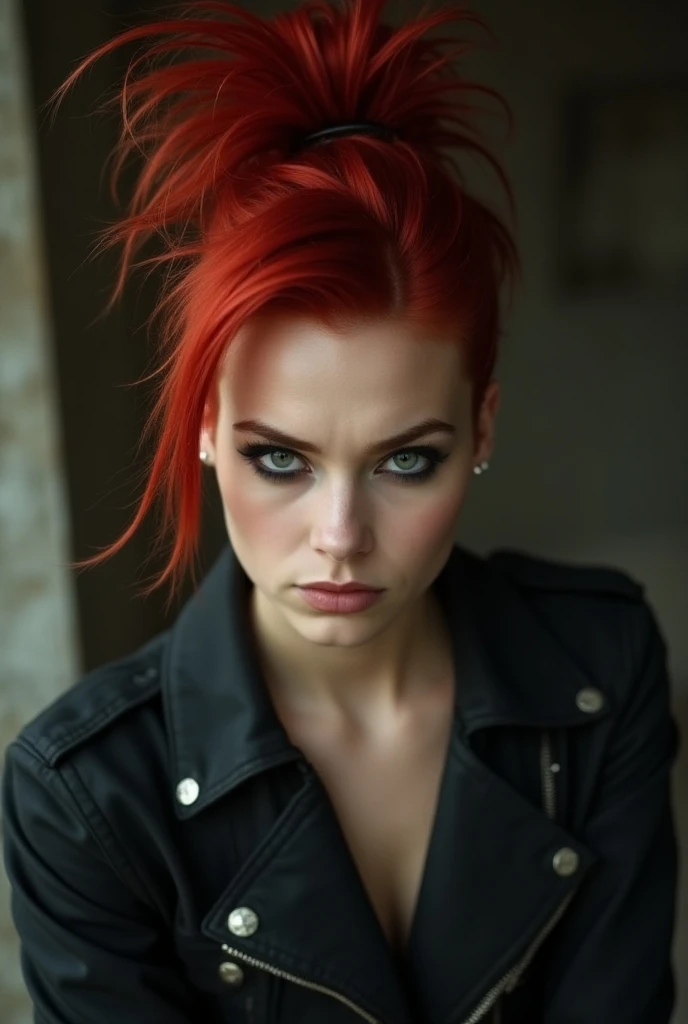 Rude looking girl with red colored a spiky pony tail