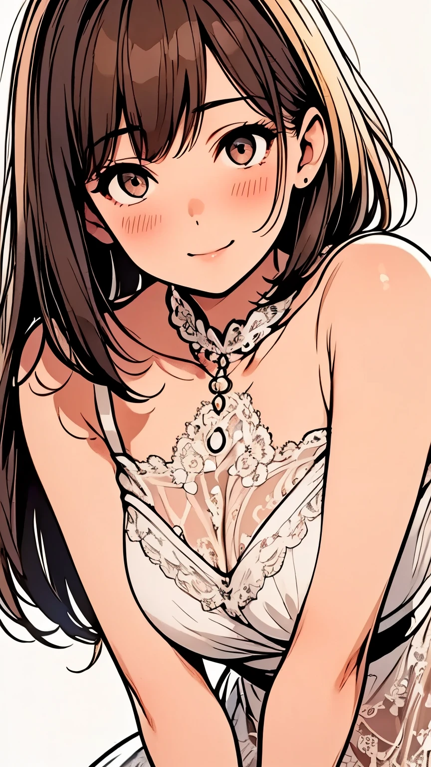 Viewer's gaze, girl in pure white lace dress, realistic illustration, blank expression, sideways, turning around, brooch on left breast, smiling, head tilted, white background