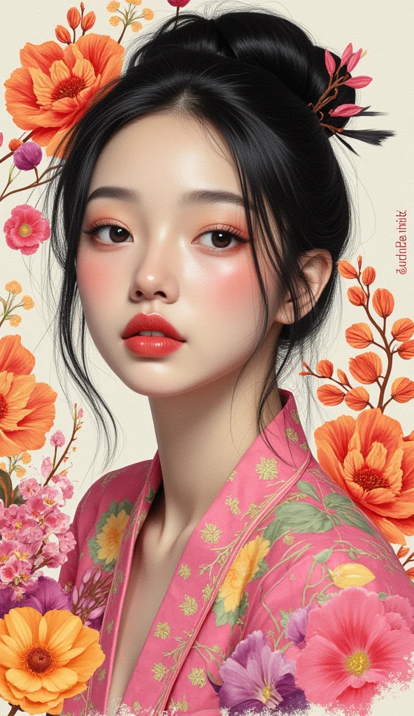 Create digital artwork in pop art, Featuring a bright and confident young asian girl，Street fashion, Movie Color Scheme, Surrounded by vintage floral motifs, Bright brush strokes,Emotions should be dynamic, upper-body, Drawing, illustartion, Grayscale, tropical, lots of flowers,