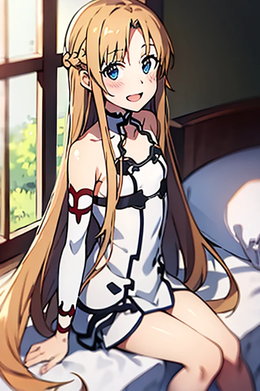 ((Best Quality)), ((masterpiece)), (be familiar with),  perfect face, indoor, bedroom,  watching viewers ,
One woman, Yuuki Asuna,
 open mouth , Ecstatic expression, blush, smile,
Small breasts,  flat chest, , ,  kids, Girl,
Long Hair,  long hair,
Leg spread,