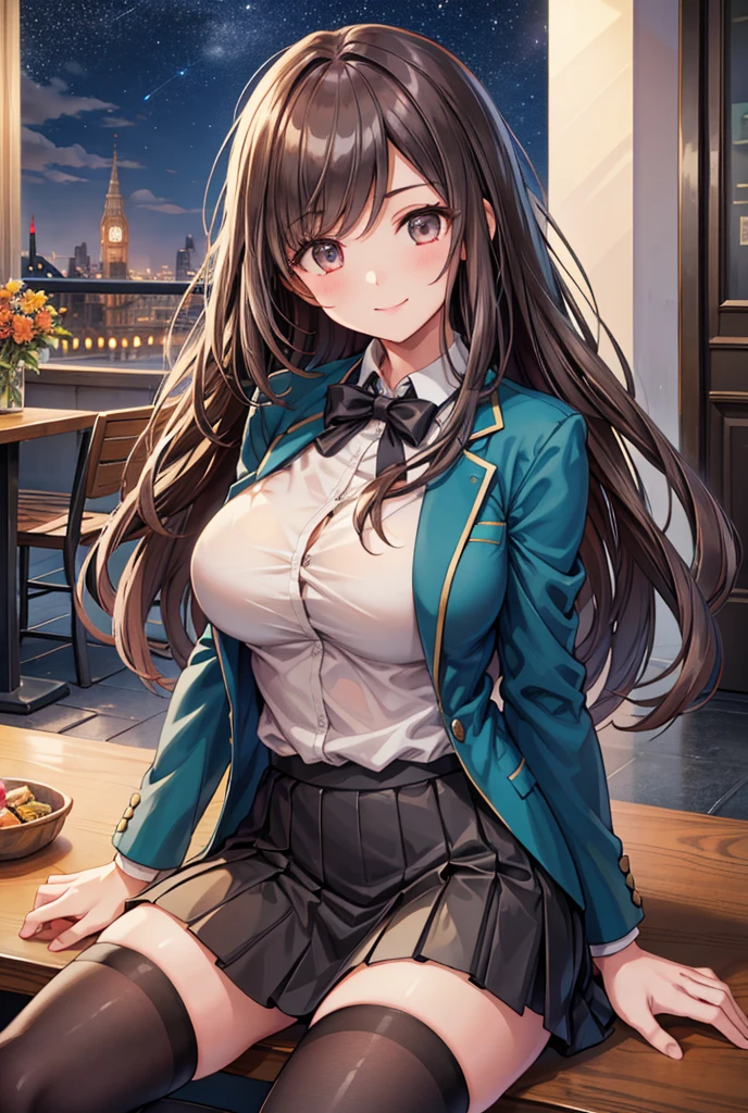  1 girl, solo,  Kampala, Long Hair, ((Large Breasts)), smile,  Teal Eyelids, Brown Hair, In the streets of England ,  Kampala, masterpiece, accurate,  anatomically correct, 最high quality,  detail, 高い detail,  HD Model, high quality,  very detailed ,  textured skin,  ultra-fine,  high school uniform ,  blazer miniskirt,  black long boots with black ribbons, Cooking on the desk, Emphasize the upper body, French restaurant , night,Terrace seats, Starry Sky, autumn, whole body, sit on a chair, Teenage Girls,  