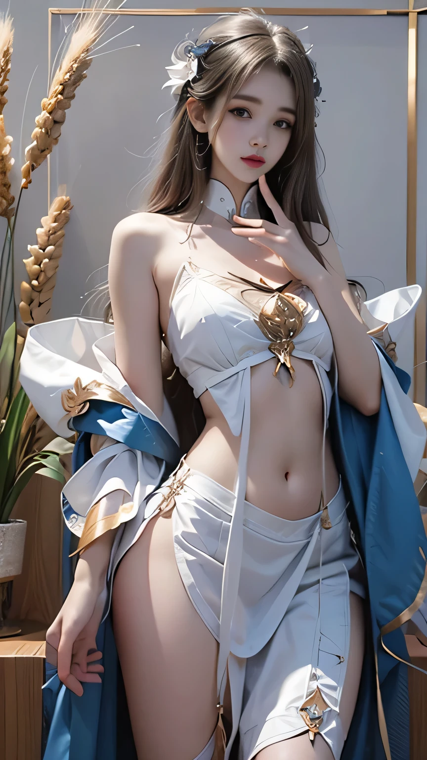 masterpiece，best quality，high质量，high清晰度，high质量的纹理，high质量的阴影，high细节，beautiful details，fine details，Extremely detailed CG，Detailed texture，lifelike的面部表现，lifelike的，rich and colorful，exquisite，sharp focus，(intricate detailake up，PureErosFace_V1:0.5)，(细节美exquisite脸，(细节美exquisite眼睛)，Perfect比例的脸，highDetails of the skin，Details of the skin，Four fingers and one thumb in optimal proportions，emaciated:1.3)，1 girl，17 years old，high，(光滑的abdominal muscles:1.55)，(abdominal muscles:0.5)，pretty，Perfect，high，((bare shoulders)), ((The skirt is short)), (long legs)，(straight legs)，(thin waist)，((White skin))，White skin，((White skin))，(emma watson)，Big breasts，((Caucasian))，light blonde hair，Stand with legs apart，looking at the audience，whole body，Portrait of cute blonde girl，((Standing in the wheat field,Look into the distance))，bloom，orange mist，sports，Wisps of hair，lifelike，high品质渲染，amazing art，high品质，film texture，Fujifilm XT3，dream