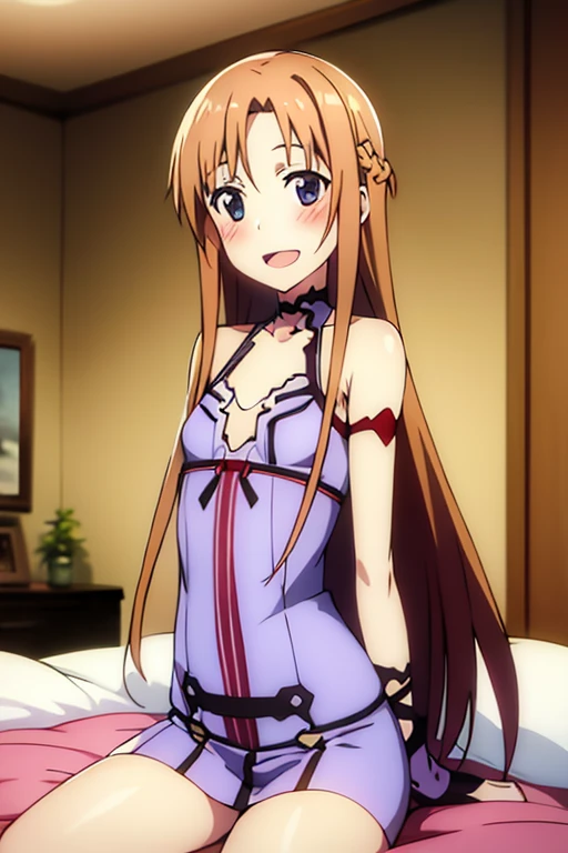 ((Best Quality)), ((masterpiece)), (be familiar with),  perfect face, indoor, bedroom,  watching viewers ,
One woman, Yuuki Asuna,
 open mouth , Ecstatic expression, blush, smile,
Small breasts,  flat chest, , ,  kids, Girl,
Long Hair,  long hair,
Leg spread,