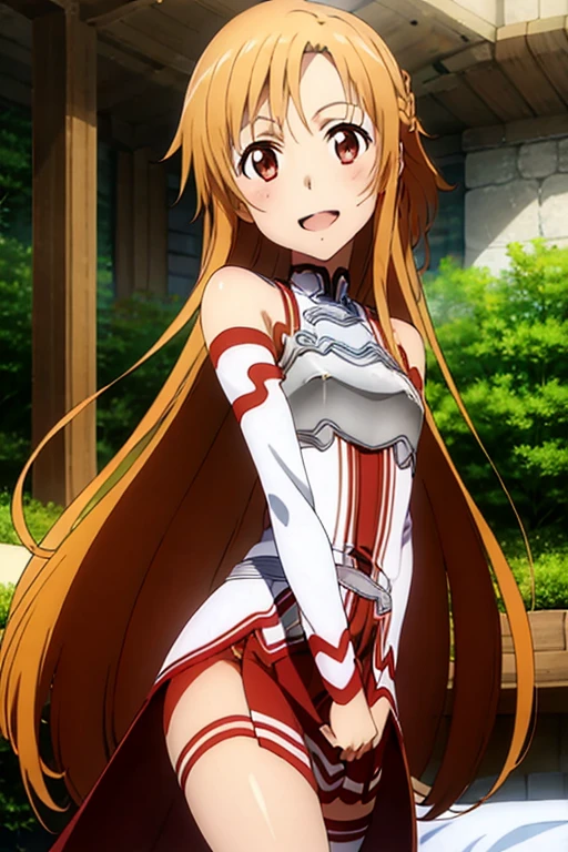 ((Best Quality)), ((masterpiece)), (be familiar with),  perfect face, indoor, bedroom,  watching viewers ,
One woman, Yuuki Asuna,
 open mouth , Ecstatic expression, blush, smile,
Small breasts,  flat chest, , ,  kids, Girl,
Long Hair,  long hair,
Leg spread,