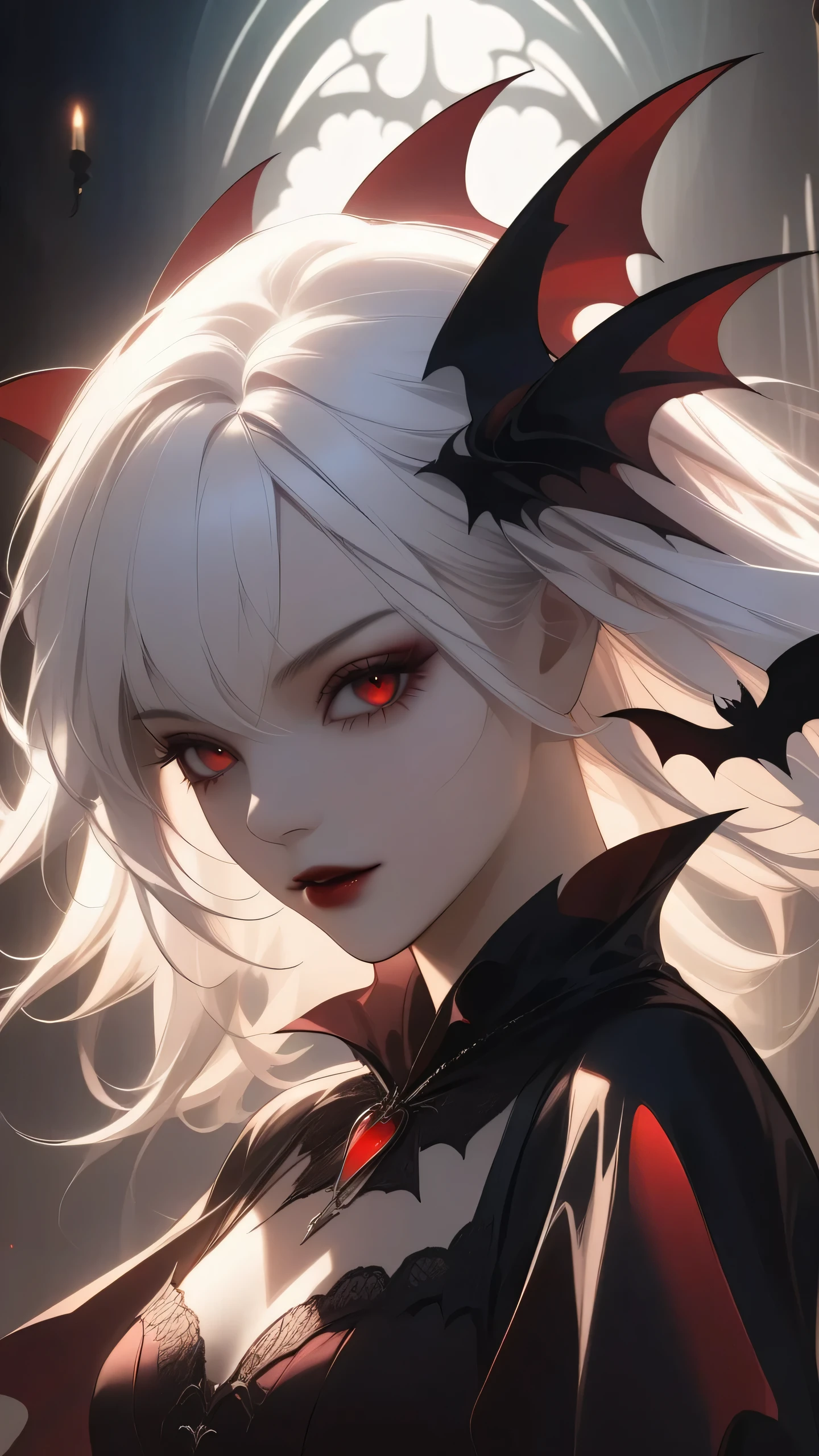 (masterpiece, best quality:1.2), 1girl, solo, Vampire Dress, white hair, dark fantasy,chiaroscuro,gothic,concept art,surreal,mystical,ethereal,moody,dramatic,atmospheric, looking at viewer, detailed facial features 