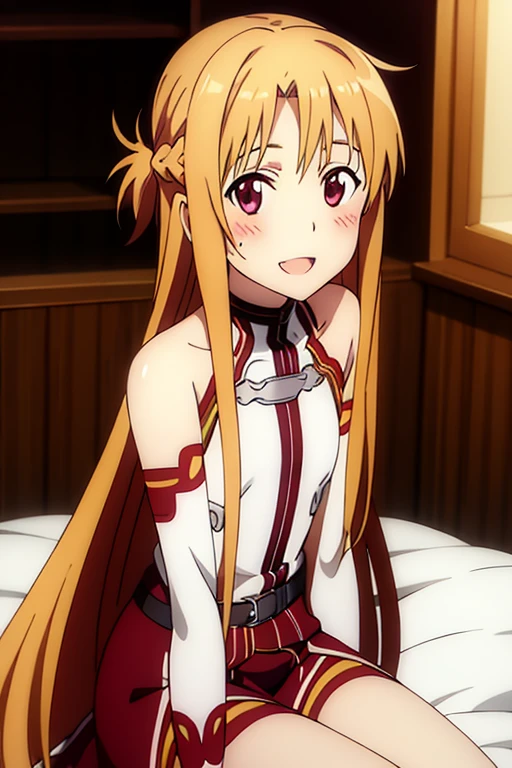 ((Best Quality)), ((masterpiece)), (be familiar with),  perfect face, indoor, bedroom,  watching viewers ,
One woman, Yuuki Asuna,
 open mouth , Ecstatic expression, blush, smile,
Small breasts,  flat chest, , ,  kids, Girl,
Long Hair,  long hair,
Leg spread,